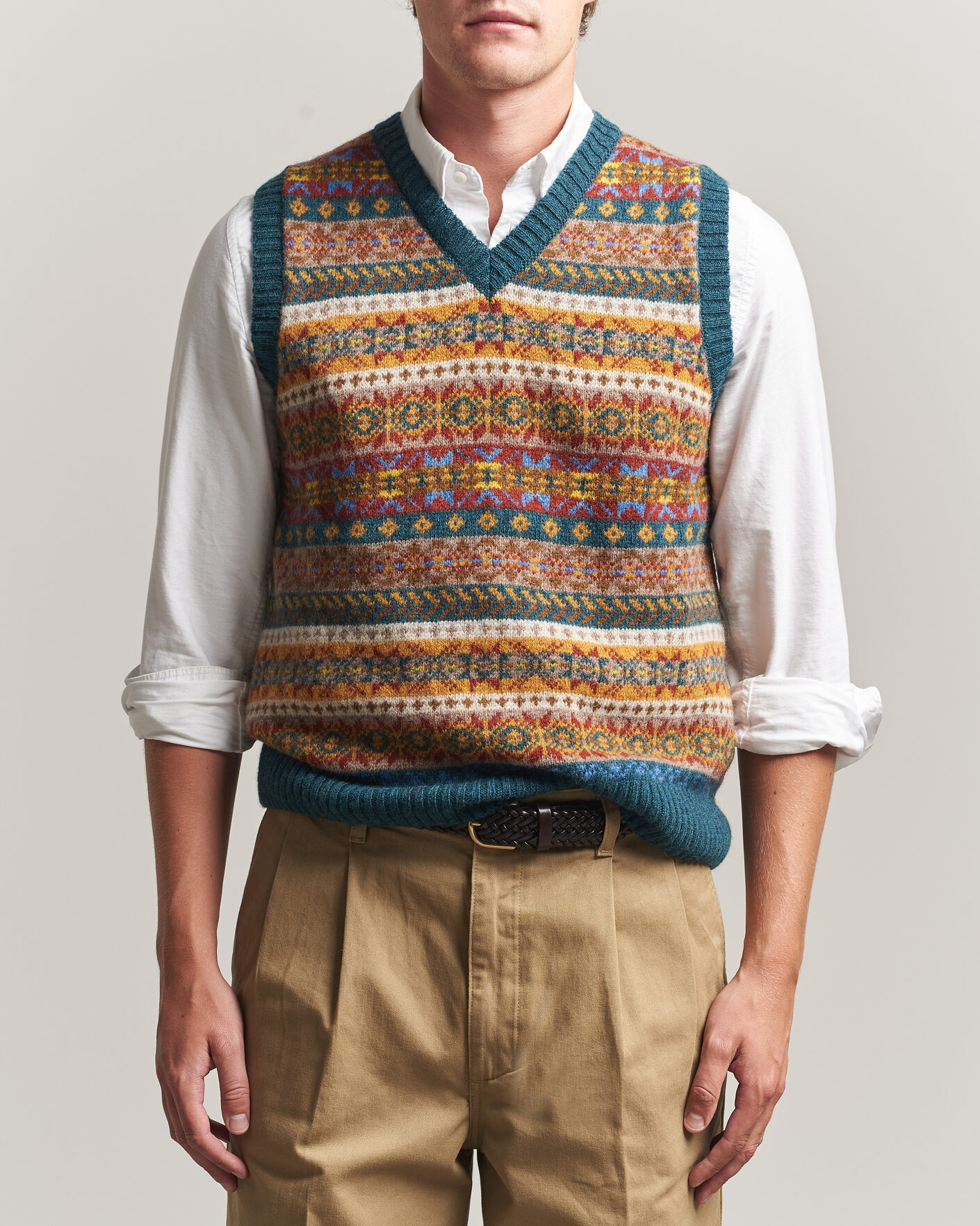Men | Sweaters & Knitwear | Harley Of Scotland | Supersoft 2ply Lambswool Fairisle Vest Tempest
