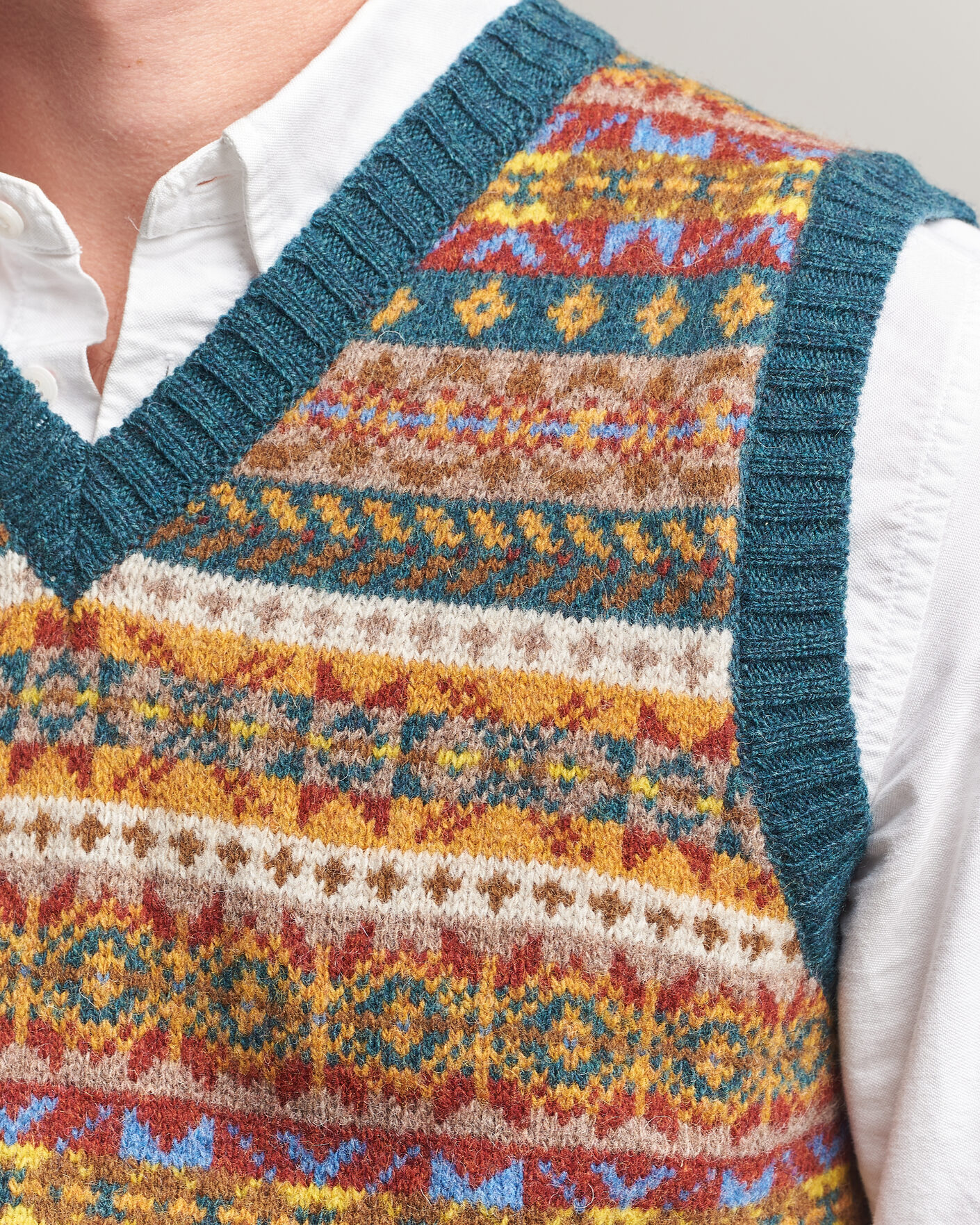 Men | Sweaters & Knitwear | Harley Of Scotland | Supersoft 2ply Lambswool Fairisle Vest Tempest