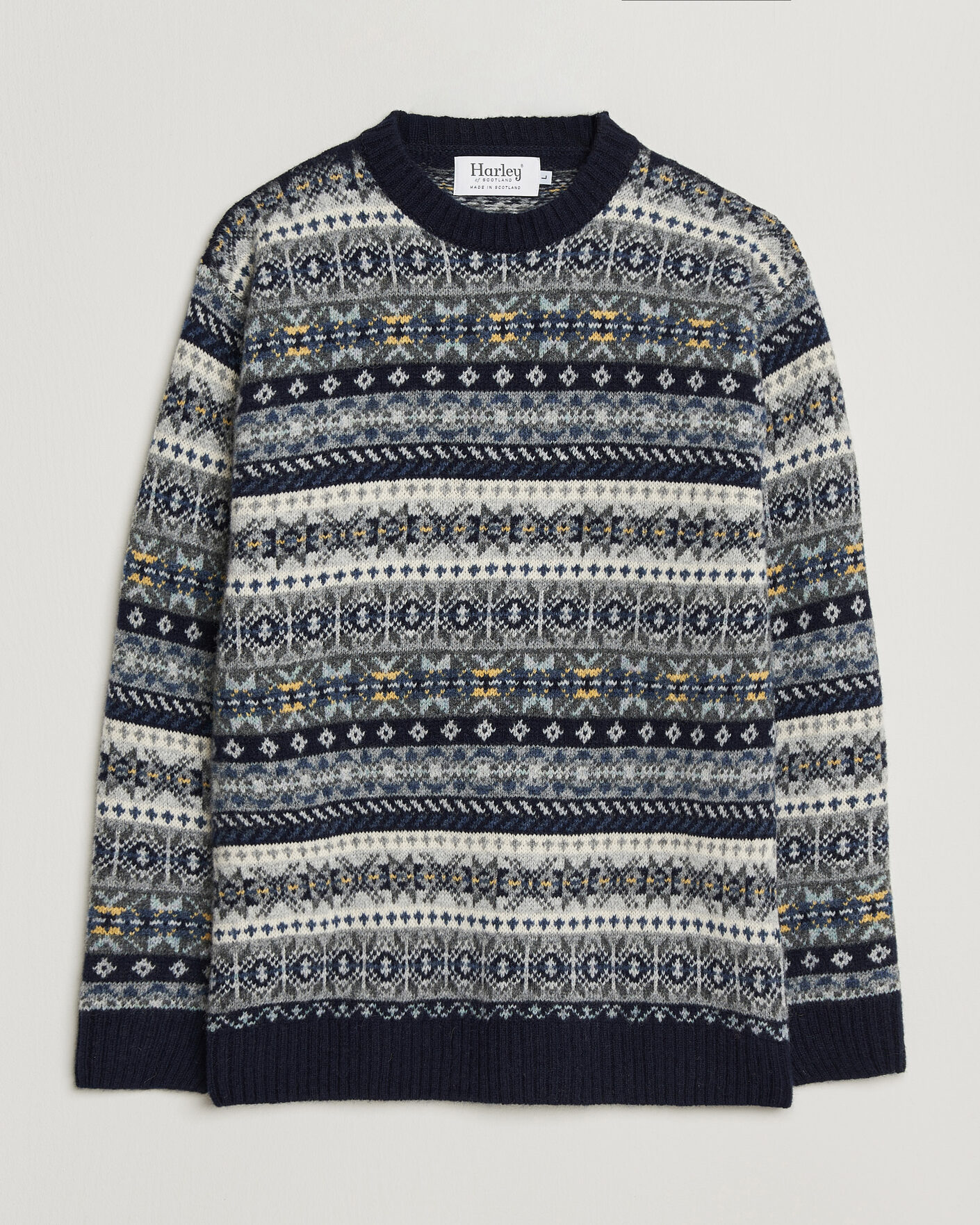 Men | Sweaters & Knitwear | Harley Of Scotland | Supersoft 2ply Lambswool Fairisle Crew Navy