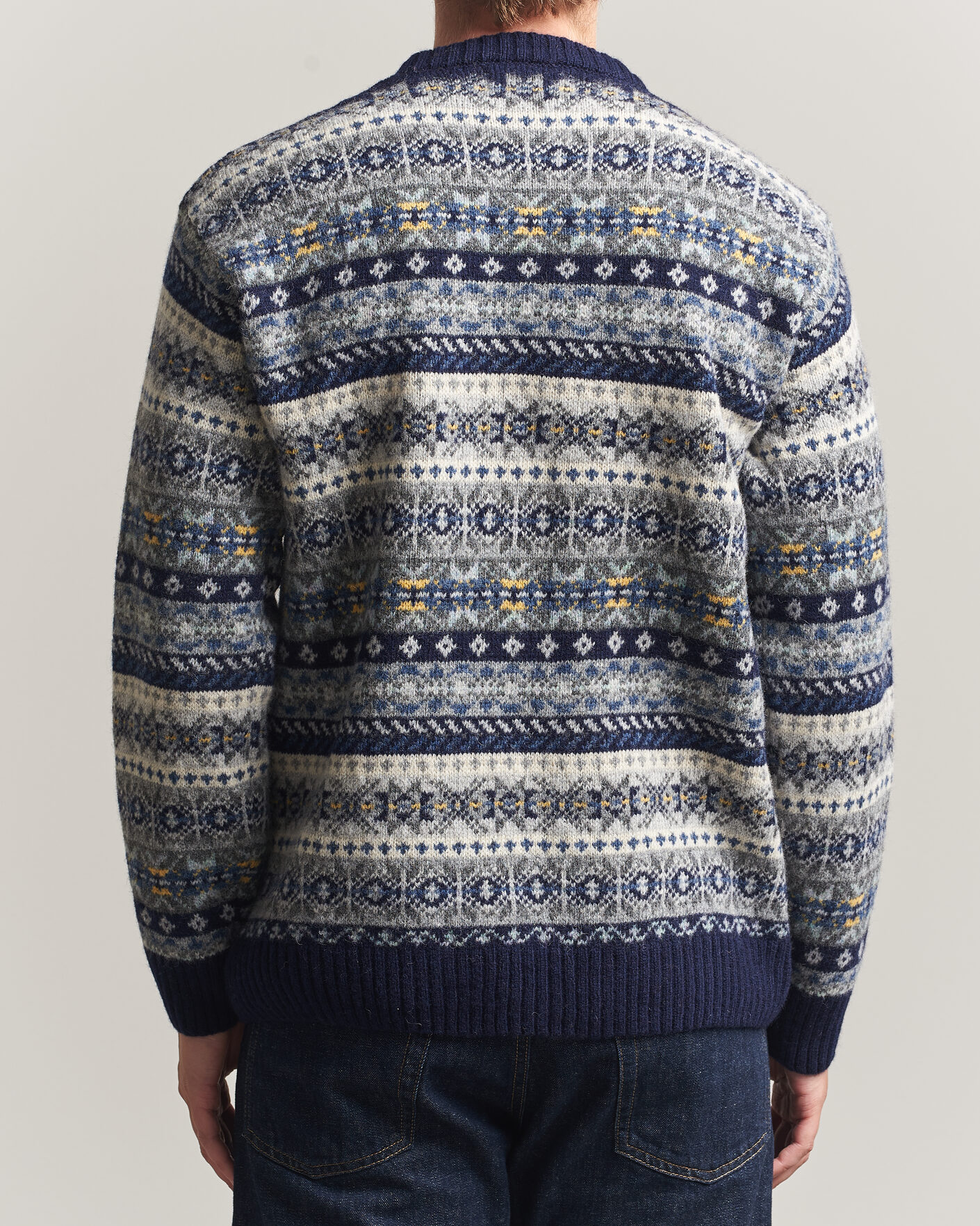 Men | Sweaters & Knitwear | Harley Of Scotland | Supersoft 2ply Lambswool Fairisle Crew Navy
