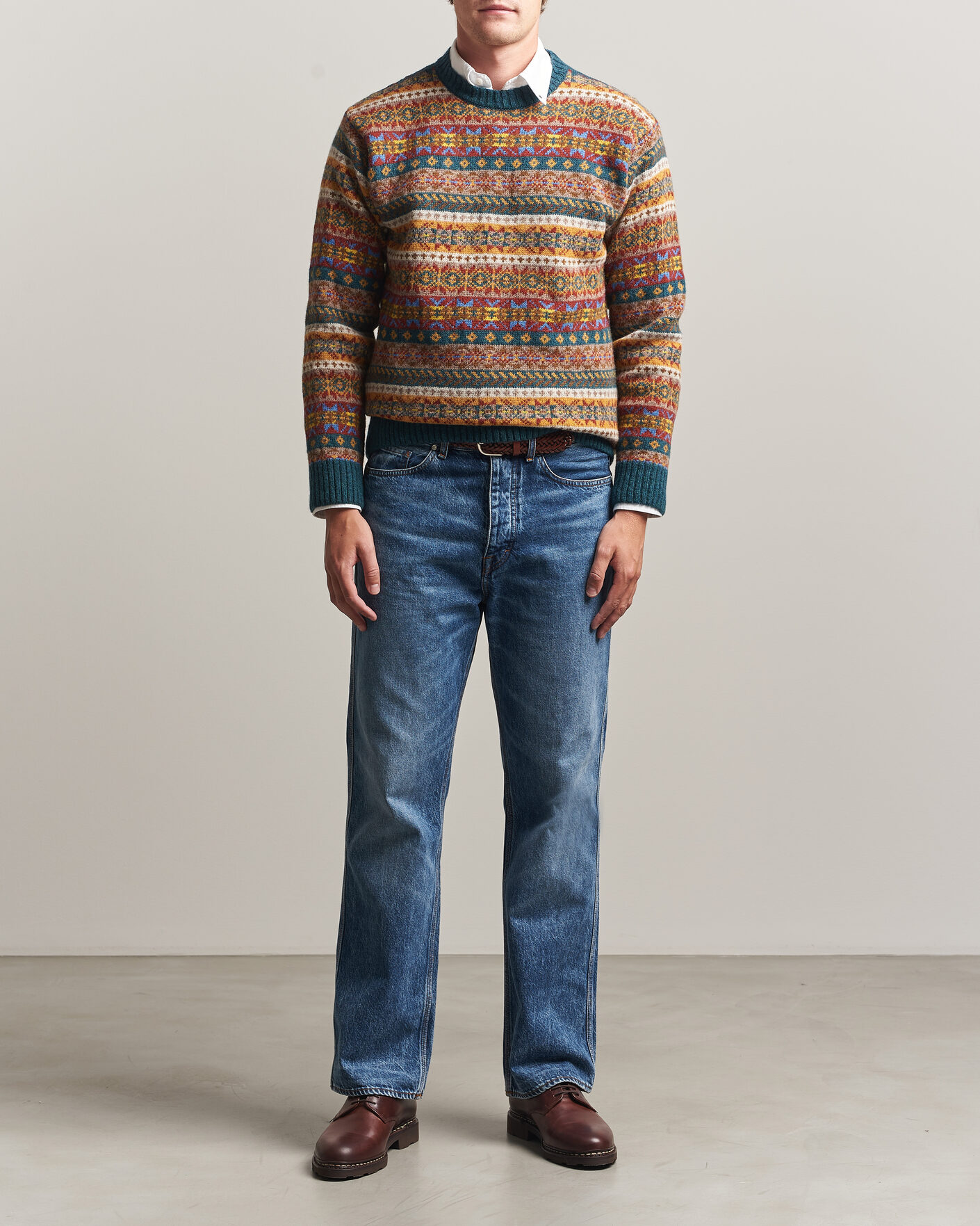 Men | Sweaters & Knitwear | Harley Of Scotland | Supersoft 2ply Lambswool Fairisle Crew Tempest
