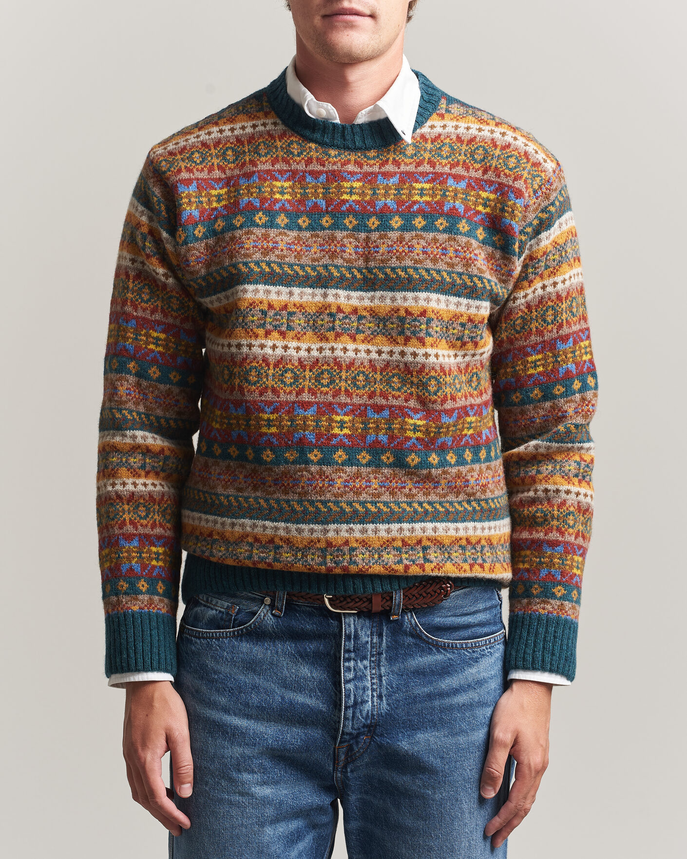 Men | Sweaters & Knitwear | Harley Of Scotland | Supersoft 2ply Lambswool Fairisle Crew Tempest