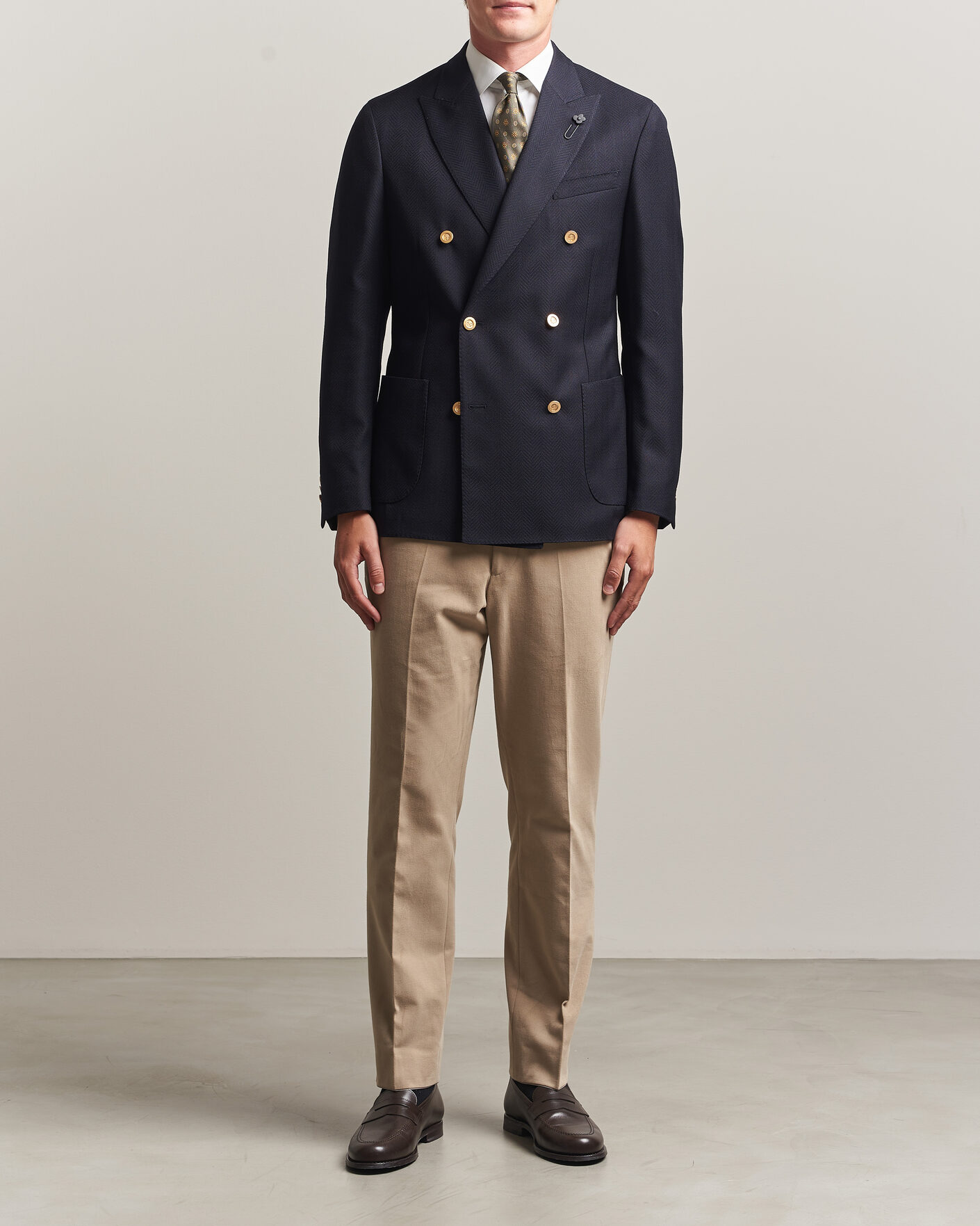 Men | Blazers | Lardini | Double Breasted Herringbone Wool Blazer Navy