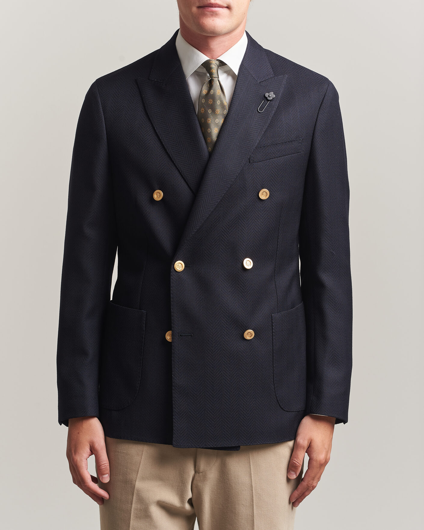 Men | Blazers | Lardini | Double Breasted Herringbone Wool Blazer Navy