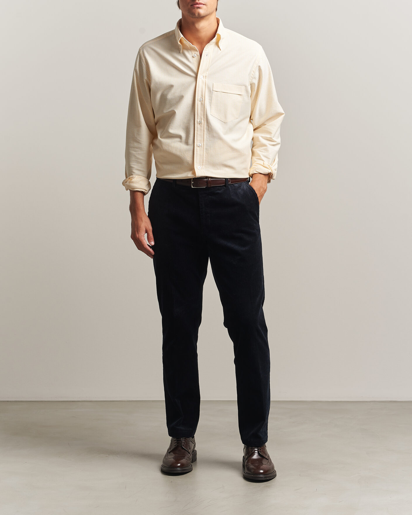Men | Shirts | Drake's | Striped Button Down Oxford Shirt Yellow