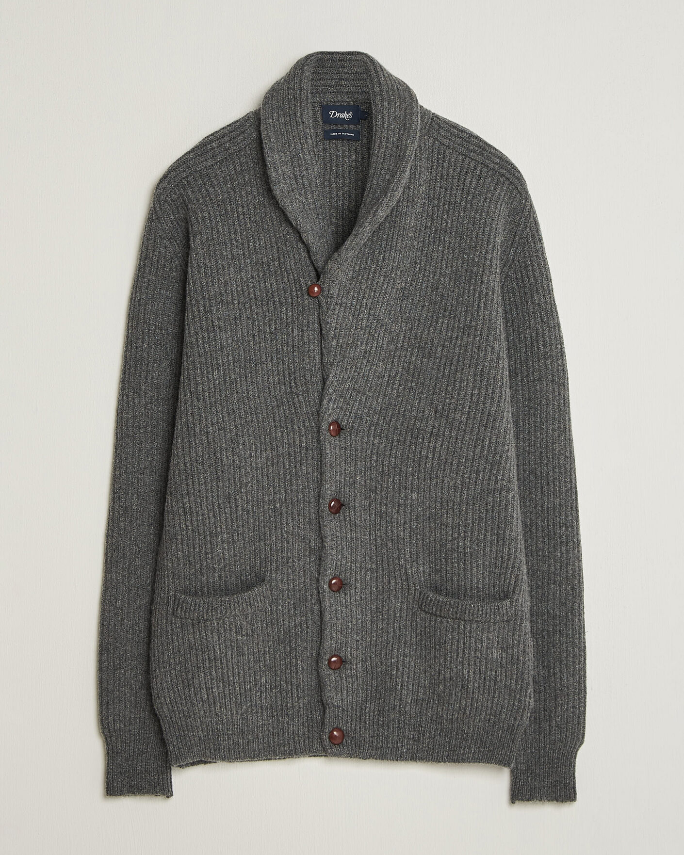 Men | Sweaters & Knitwear | Drake's | Lambswool Shawl Collar Rib Cardigan Grey
