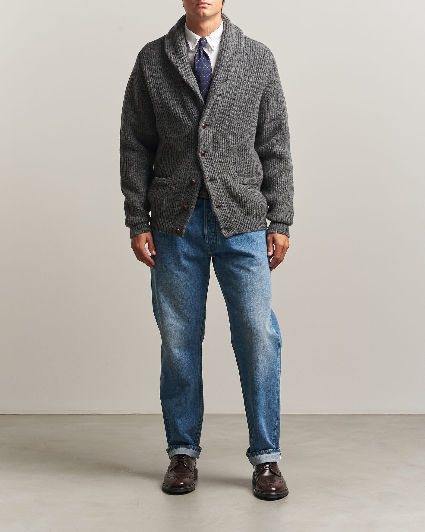 Men | Sweaters & Knitwear | Drake's | Lambswool Shawl Collar Rib Cardigan Grey