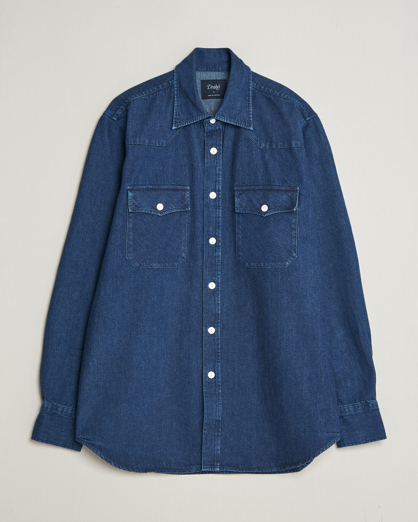 Men | Shirts | Drake's | Western Selvedge Denim Shirt Stone Wash Indigo
