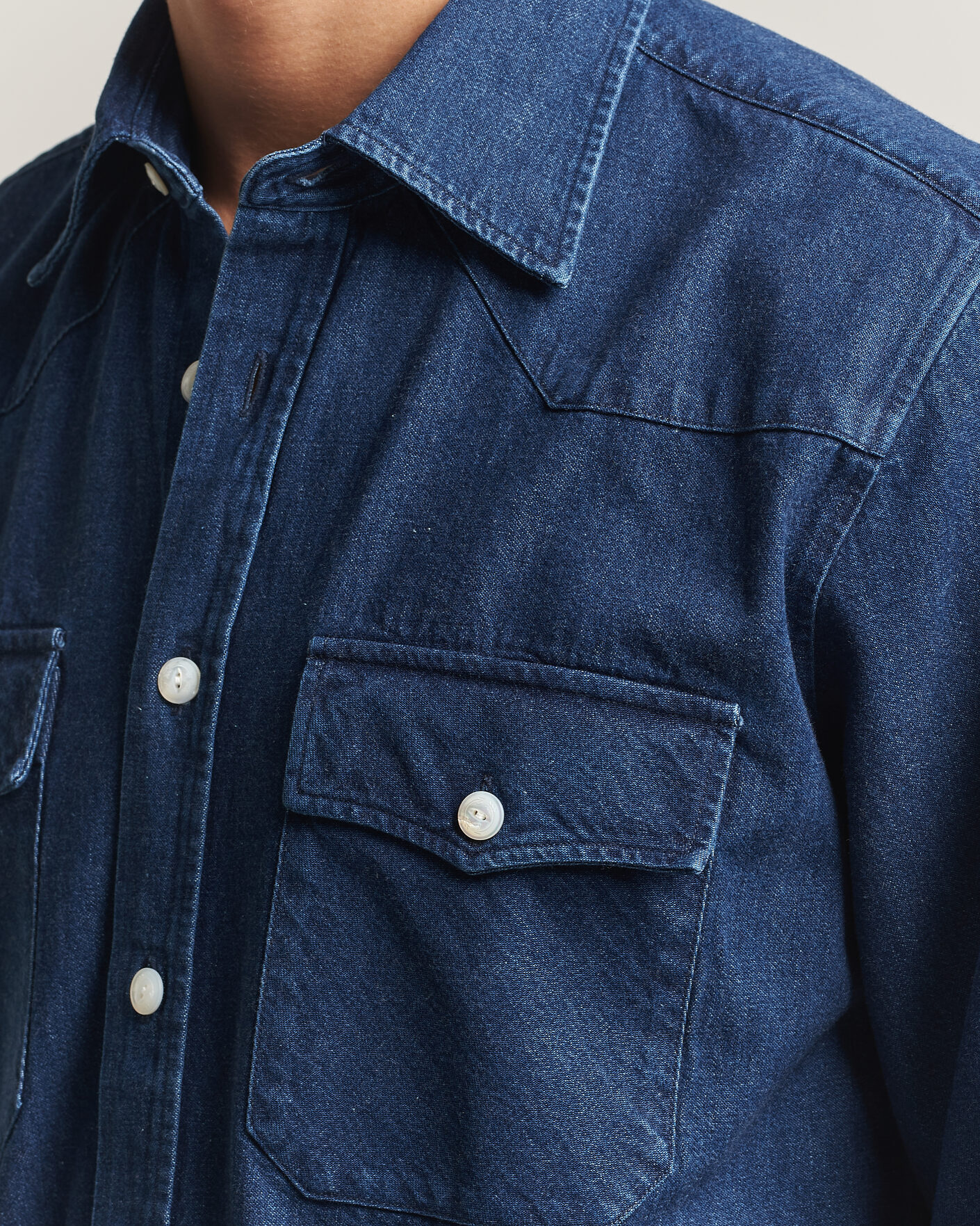 Men | Shirts | Drake's | Western Selvedge Denim Shirt Stone Wash Indigo