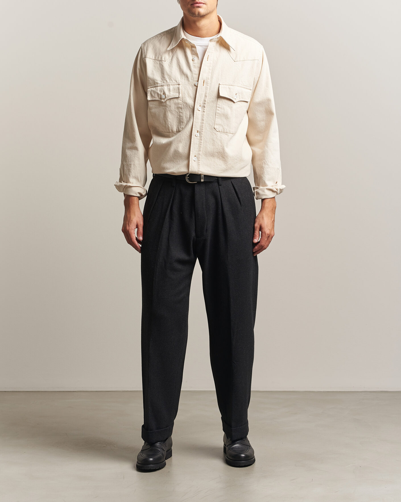 Men | Shirts | Drake's | Western Denim Shirt Stone Wash Ecru