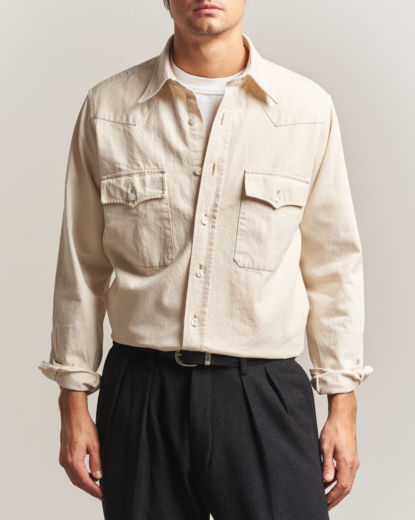 Men | Shirts | Drake's | Western Denim Shirt Stone Wash Ecru