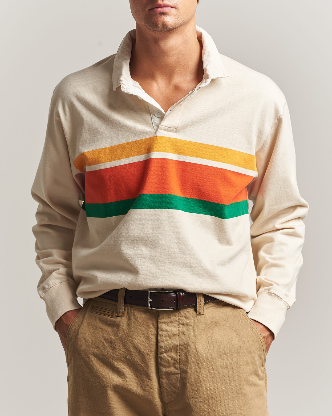 Men | Sweaters & Knitwear | Drake's | Middle Stripe Rugby Ecru