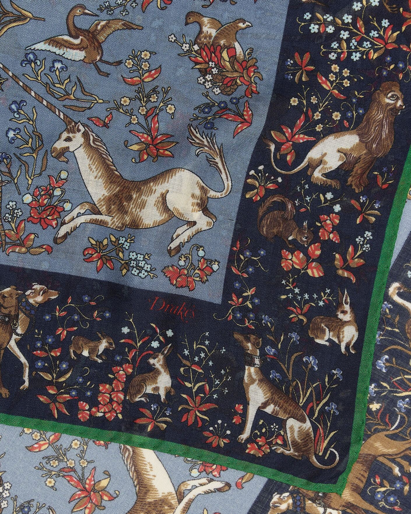 Men | Dress Scarves | Drake's | Unicorn Tapestry Wool/Silk Bandana Navy