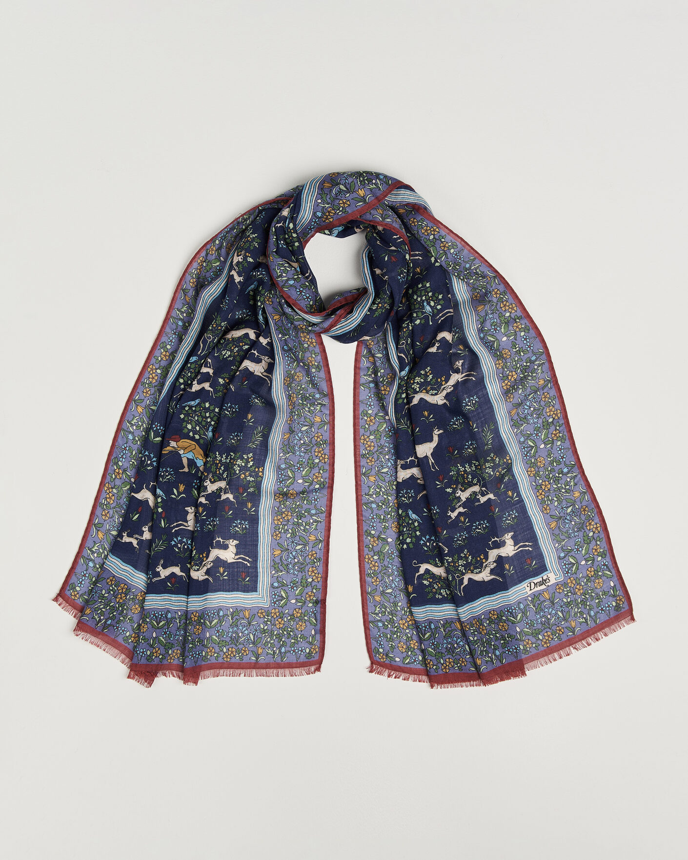 Men | Dress Scarves | Drake's | Archival Animals Wool/Silk Scarf Navy