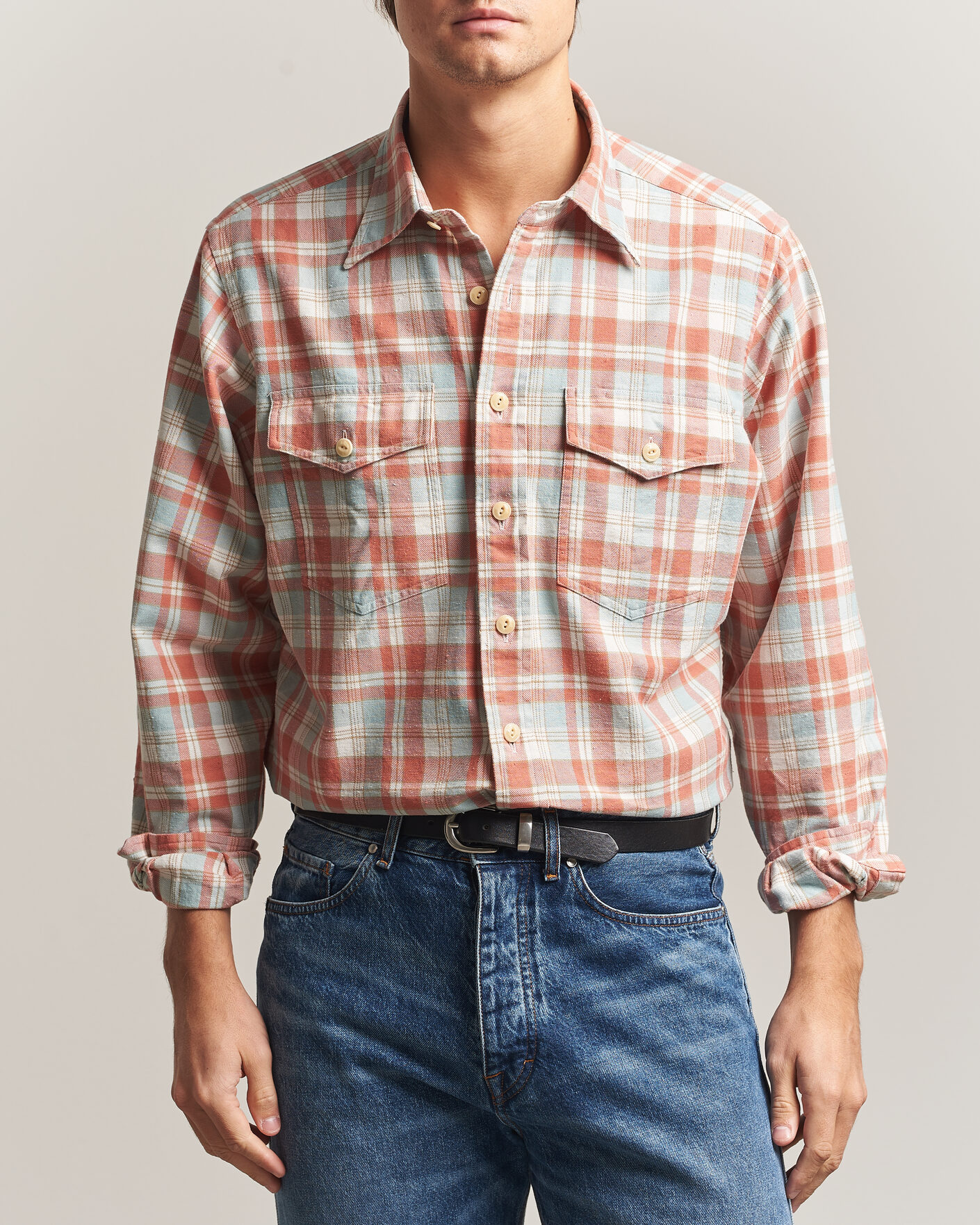 Men | Shirts | Drake's | Two Pocket Check Shirt Pink/Blue
