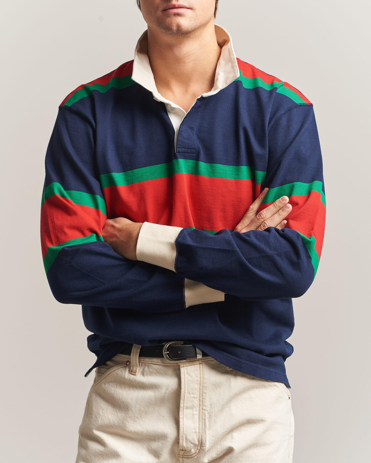 Men | Sweaters & Knitwear | Drake's | Middle Stripe Rugby Navy/Red/Green