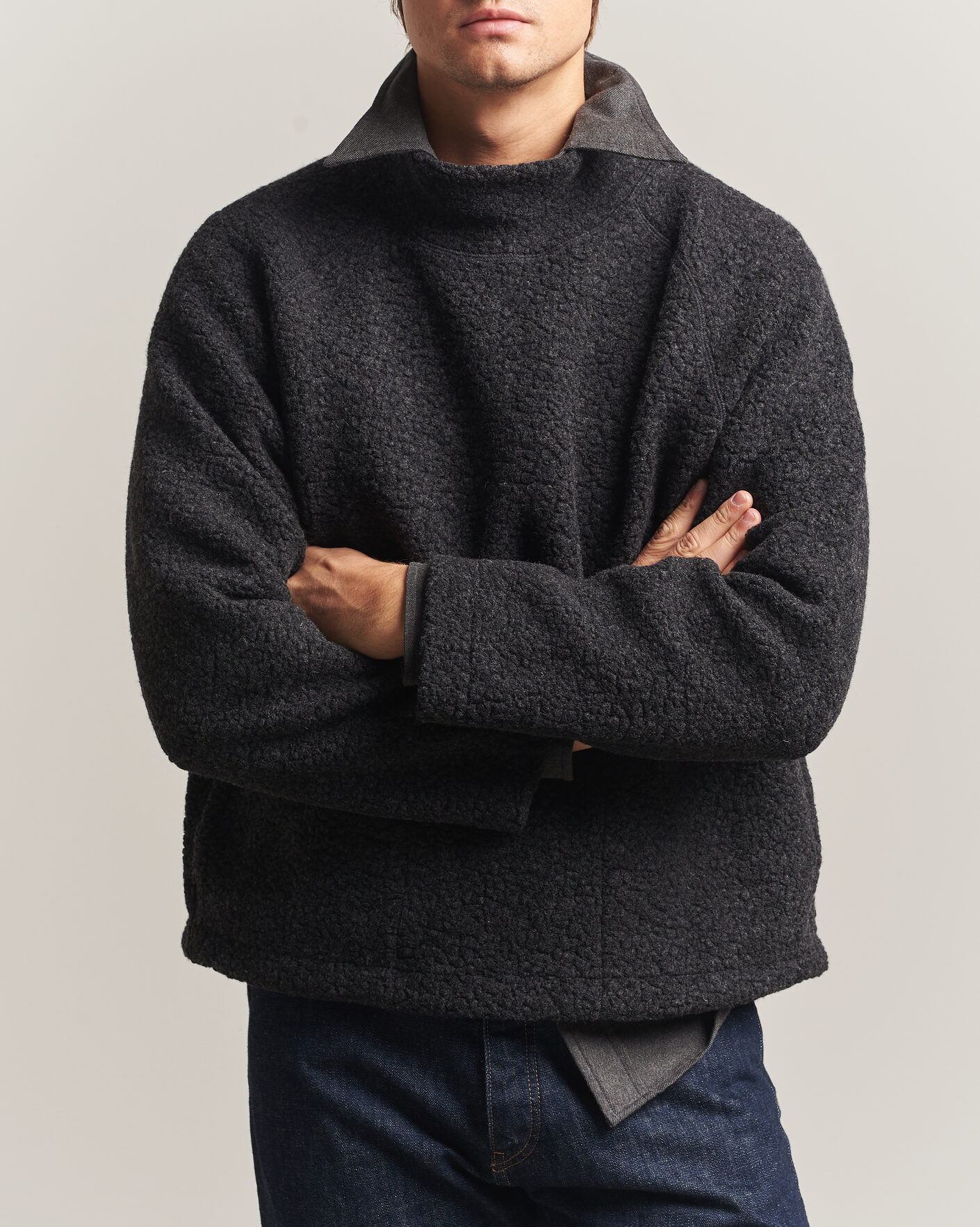 Men | Sweaters & Knitwear | Drake's | Mock Neck Fleece Grey