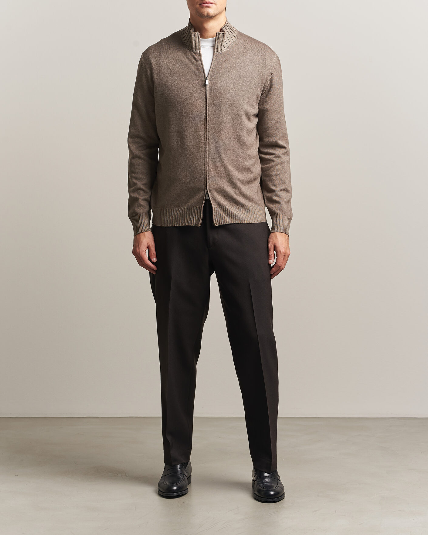 Men | Sweaters & Knitwear | Gran Sasso | Wool/Cashmere Washed Full Zip Brown Melange