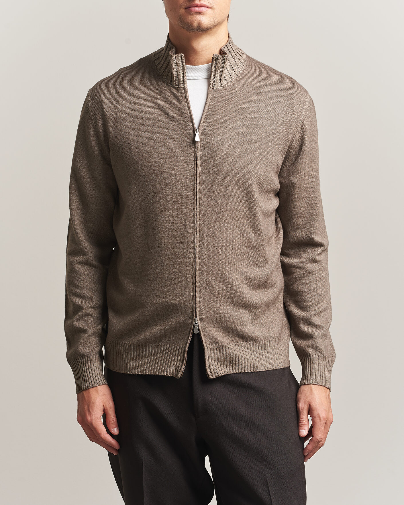 Men | Sweaters & Knitwear | Gran Sasso | Wool/Cashmere Washed Full Zip Brown Melange