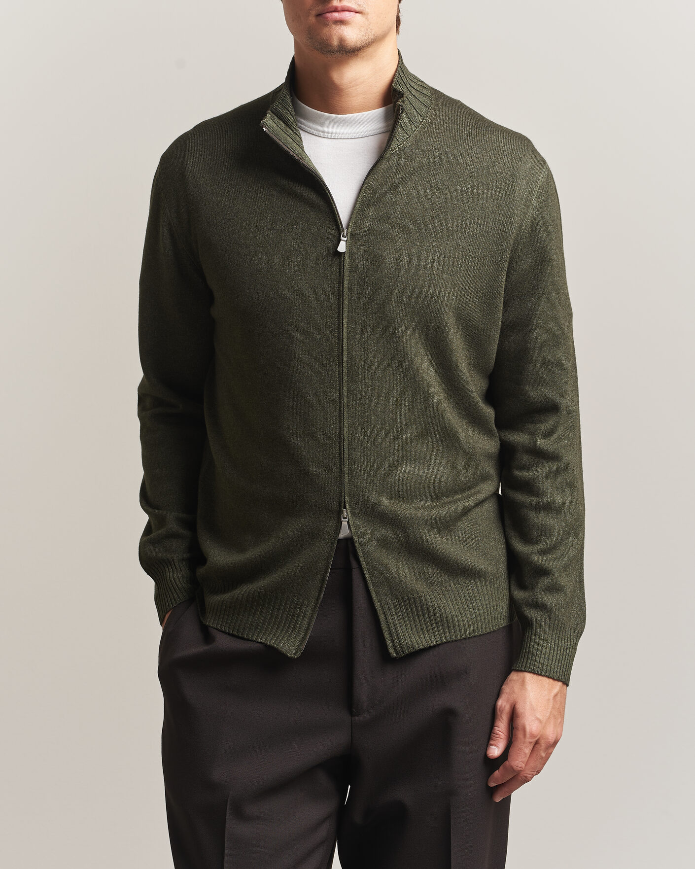Men | Sweaters & Knitwear | Gran Sasso | Wool/Cashmere Washed Full Zip Olive Melange