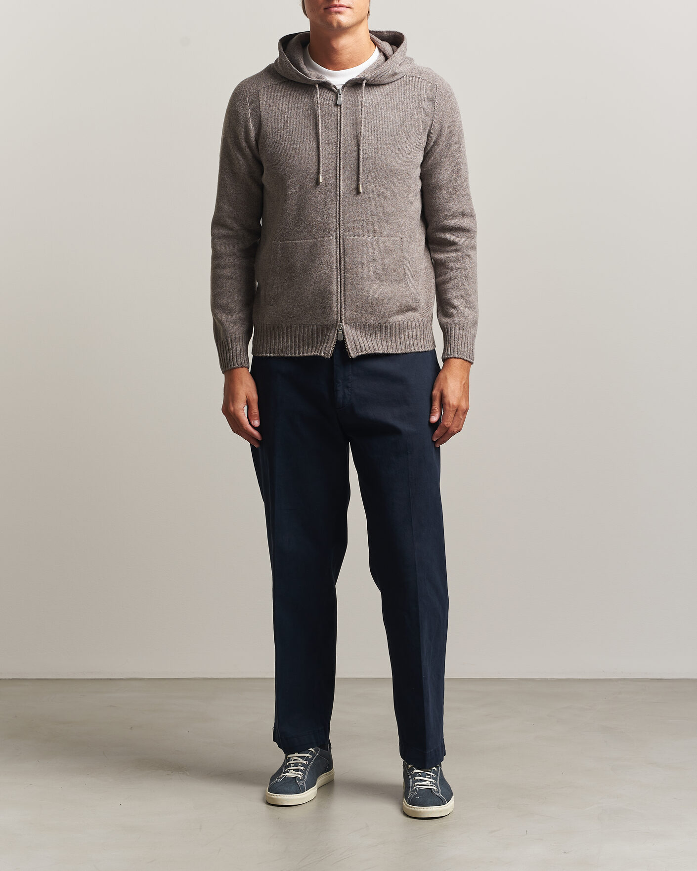 Men | Sweaters & Knitwear | Gran Sasso | Full Zip Wool Hoodie Taupe Melange
