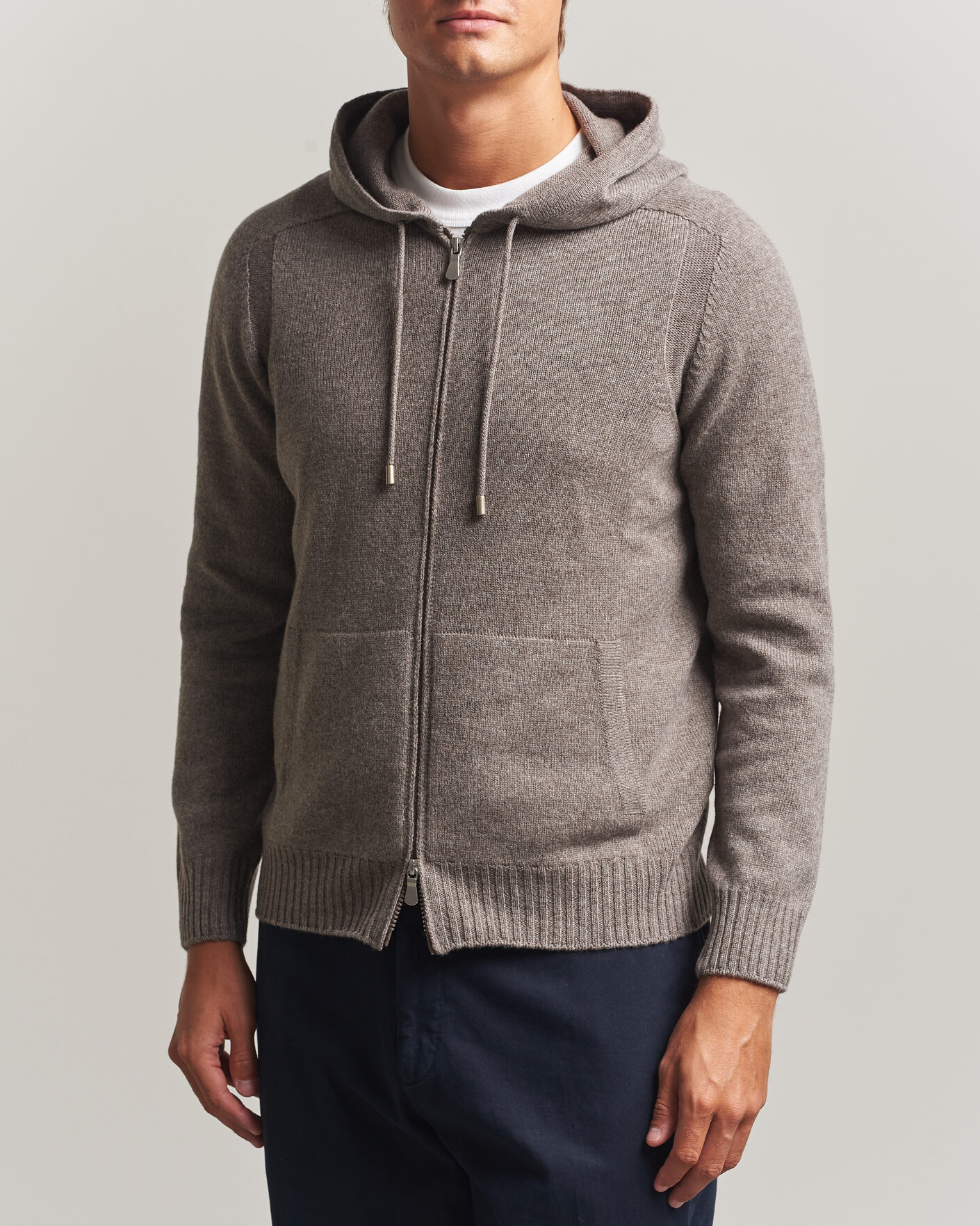 Men | Sweaters & Knitwear | Gran Sasso | Full Zip Wool Hoodie Taupe Melange