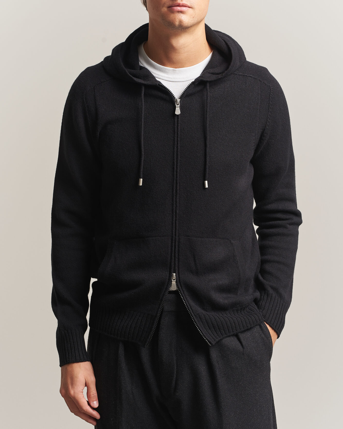 Men | Sweaters & Knitwear | Gran Sasso | Full Zip Wool Hoodie Black