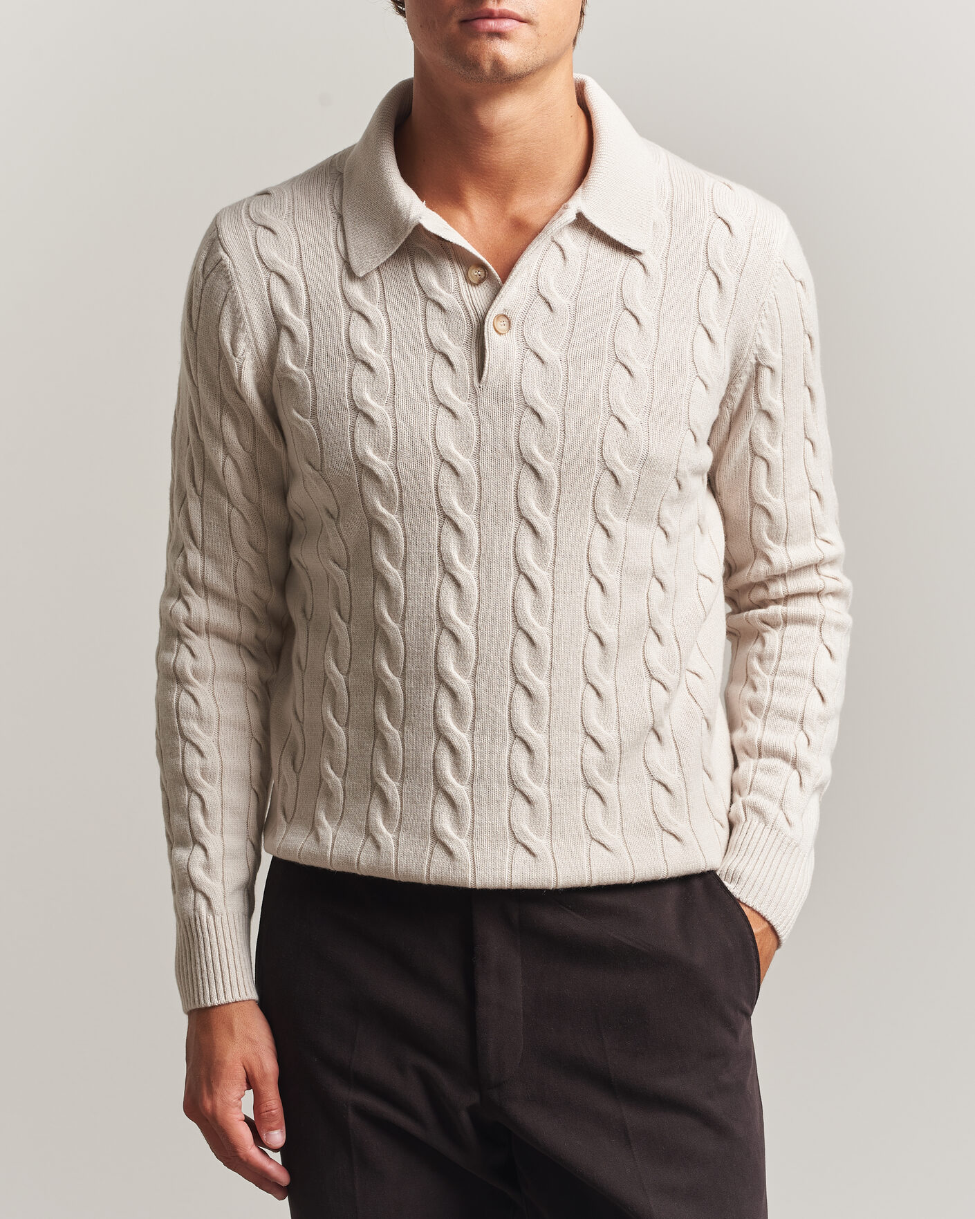 Men | Sweaters & Knitwear | Gran Sasso | Wool/Cashmere Cable Polo Beige Melange