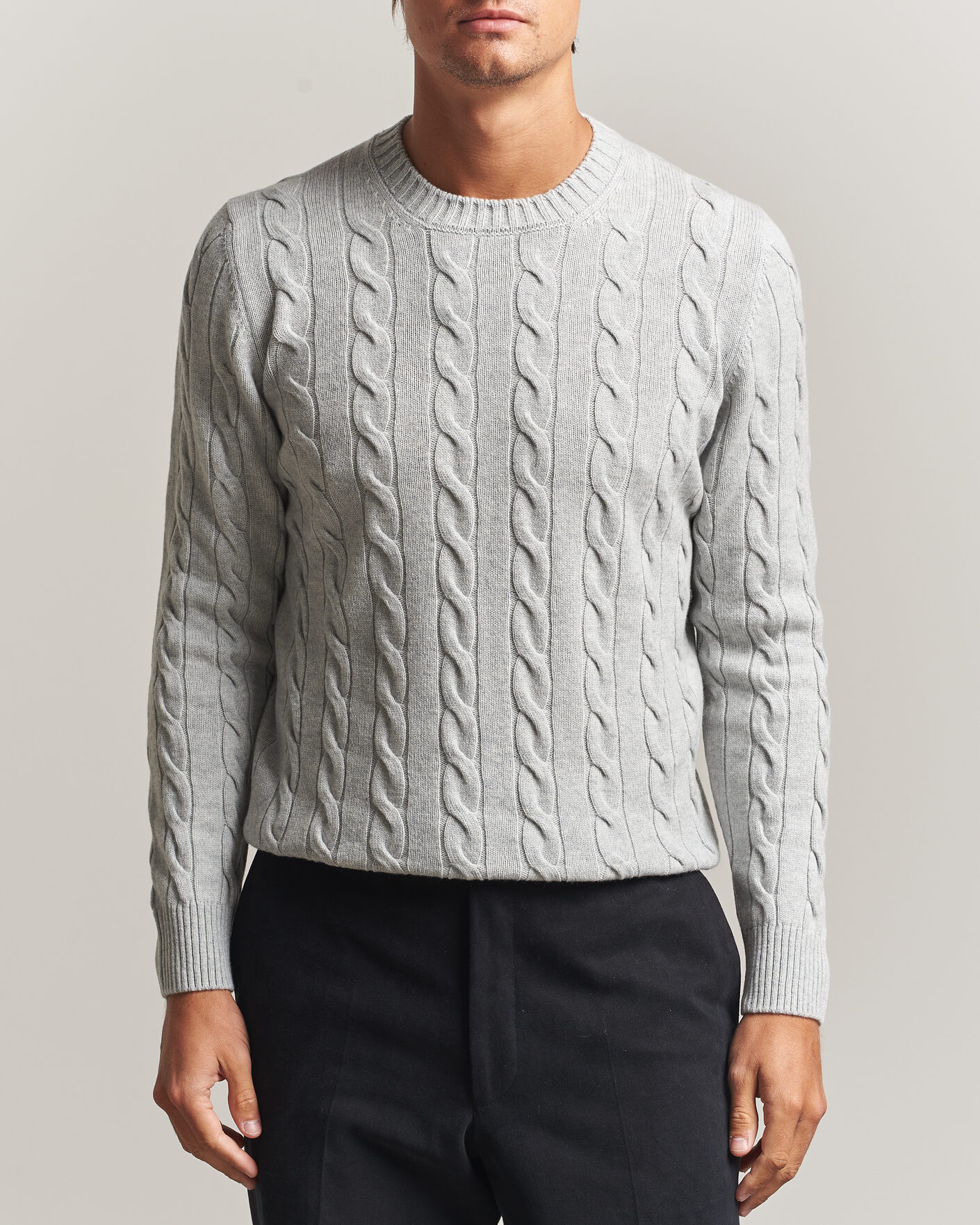 Men | Sweaters & Knitwear | Gran Sasso | Wool/Cashmere Cable Crew Neck Light Grey Melange