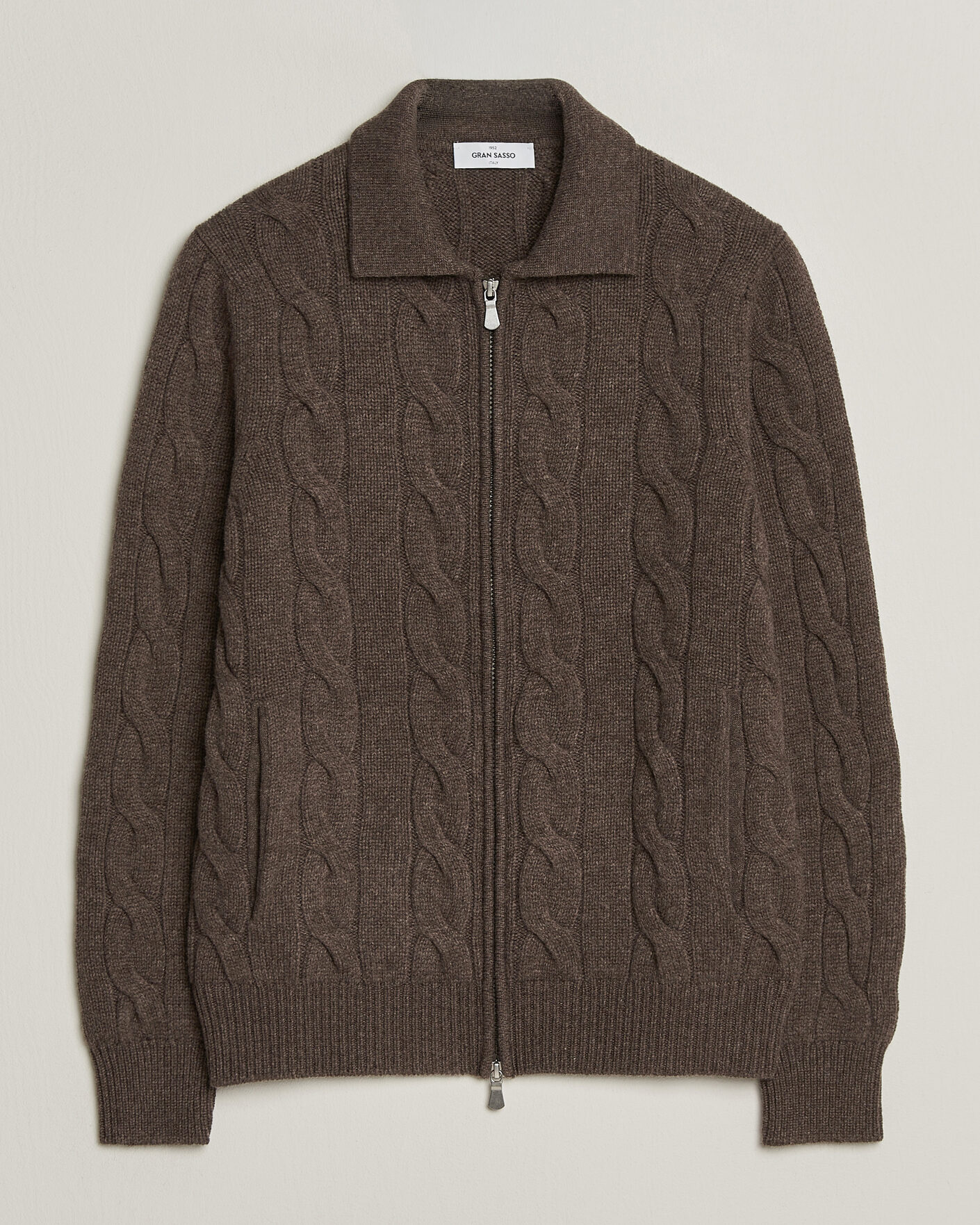 Men | Sweaters & Knitwear | Gran Sasso | Wool/Cashmere Cable Full Zip Dark Brown Melange