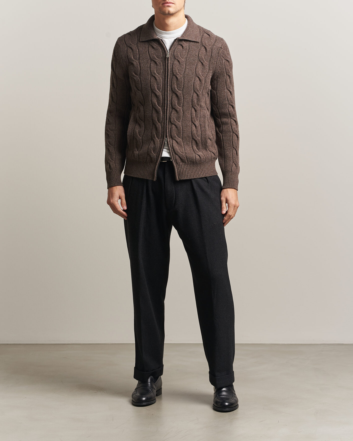 Men | Sweaters & Knitwear | Gran Sasso | Wool/Cashmere Cable Full Zip Dark Brown Melange