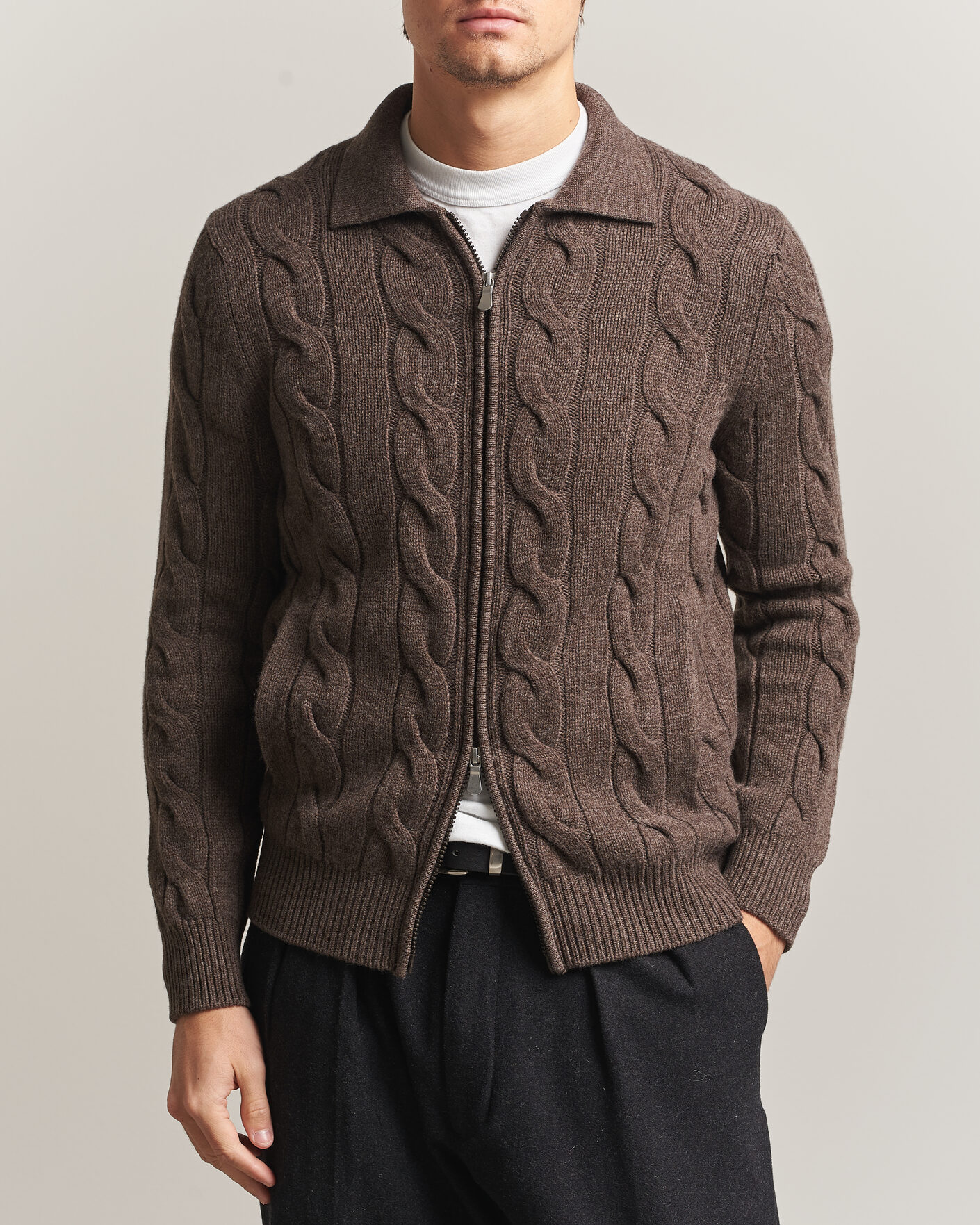 Men | Sweaters & Knitwear | Gran Sasso | Wool/Cashmere Cable Full Zip Dark Brown Melange