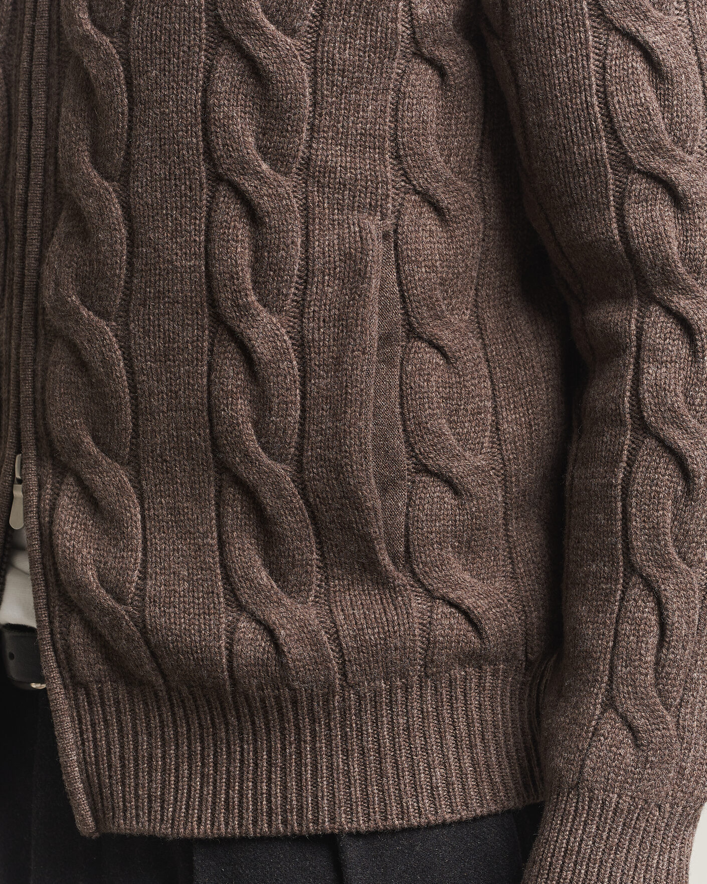 Men | Sweaters & Knitwear | Gran Sasso | Wool/Cashmere Cable Full Zip Dark Brown Melange