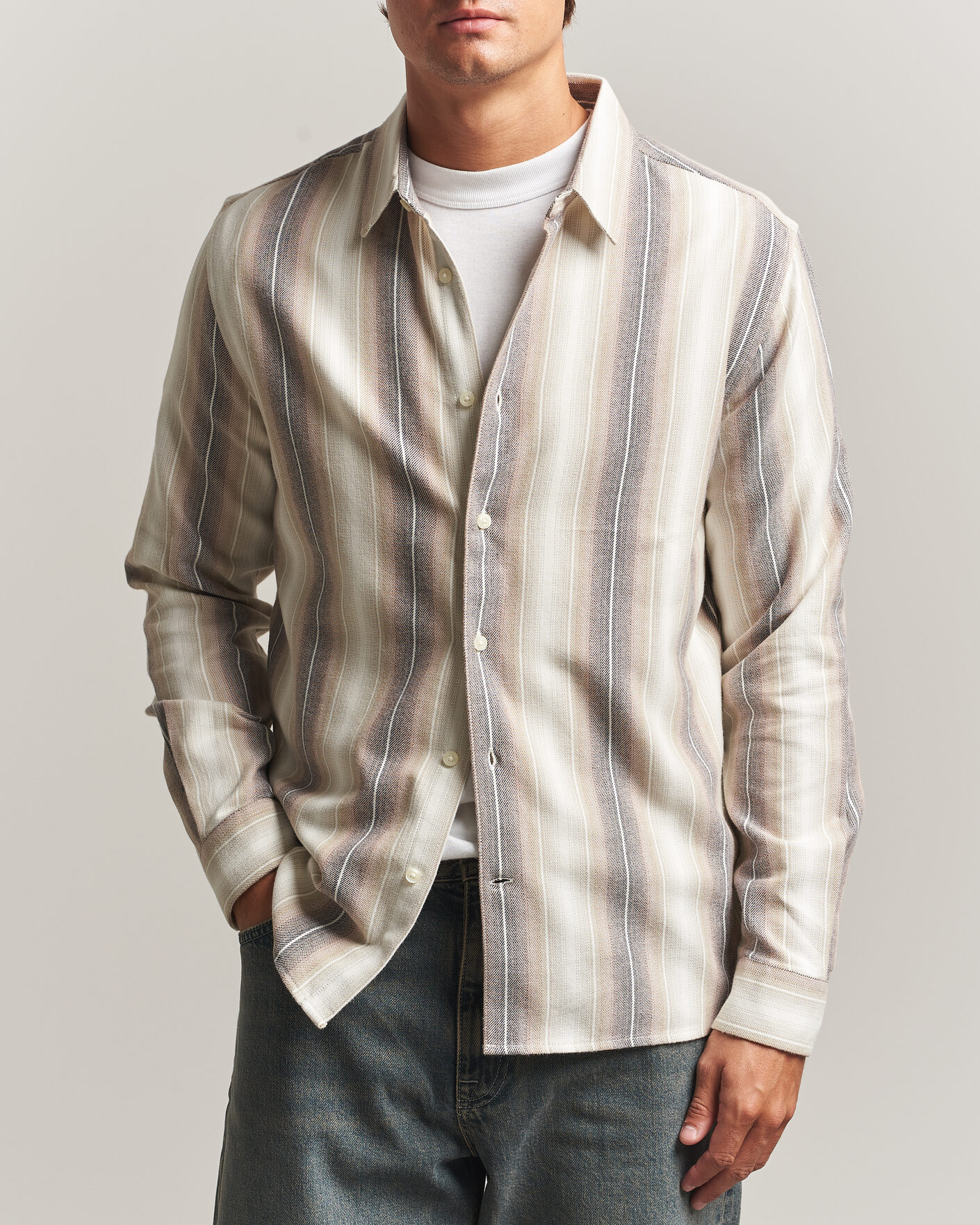Men | Shirts | KnowledgeCotton Apparel | Dune Regular Stripe Shirt Creme