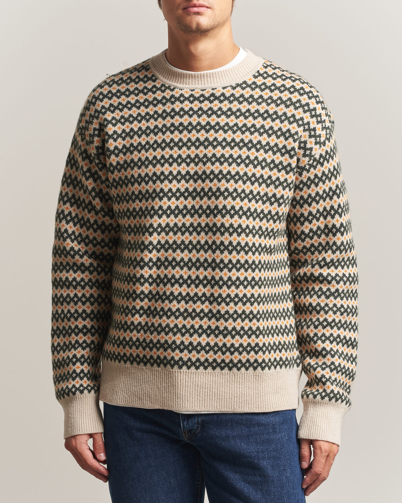 Men | Sweaters & Knitwear | KnowledgeCotton Apparel | Lambswool Jaquard Sweater Green
