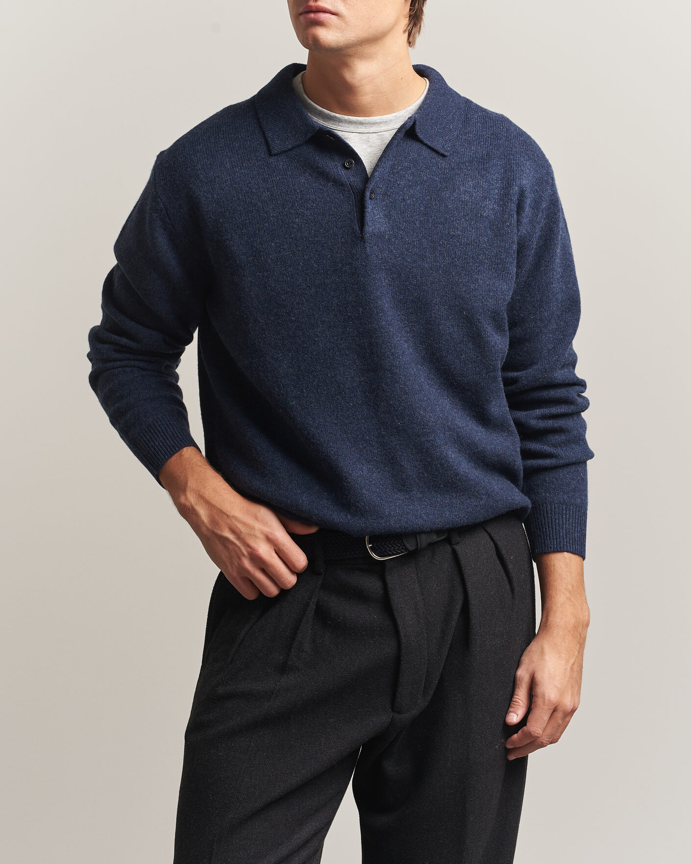 Men | Sweaters & Knitwear | BEAMS PLUS | Knitted Wool Polo Navy