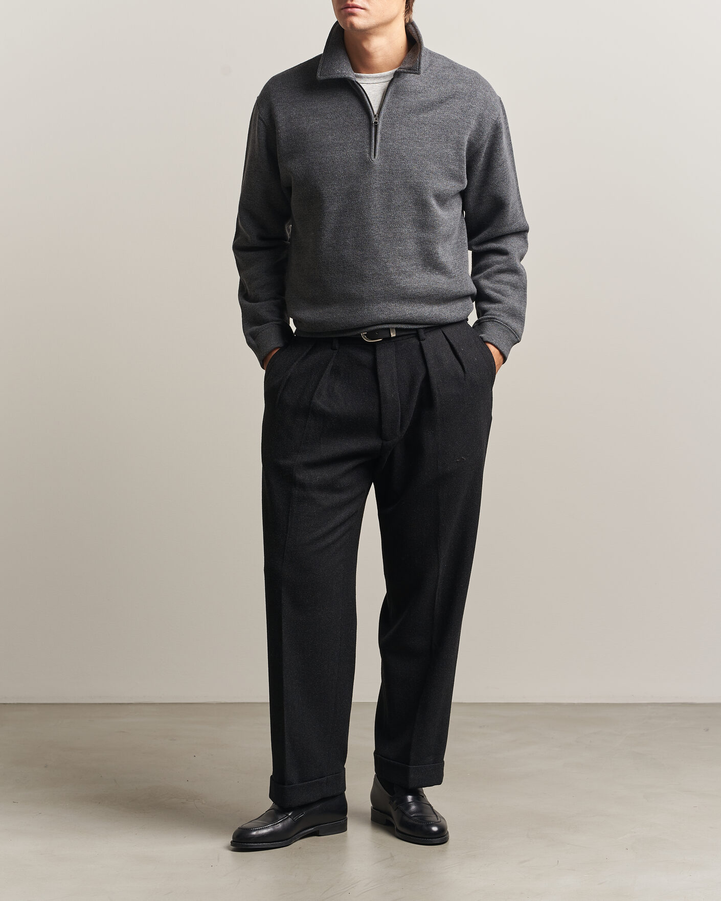Men | Sweaters & Knitwear | BEAMS PLUS | Wool/Cotton Half Zip Charcoal