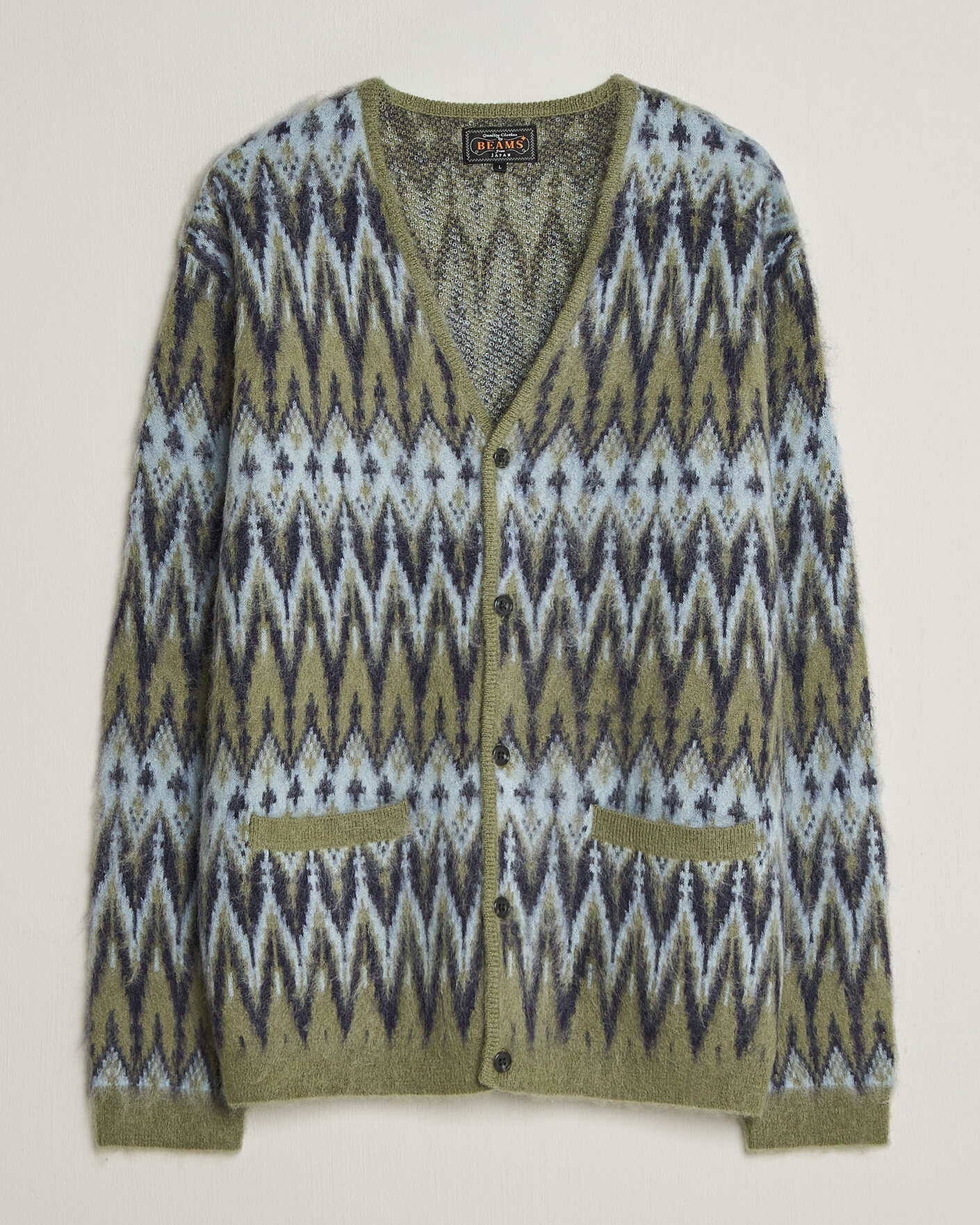 Men | Sweaters & Knitwear | BEAMS PLUS | Chevron Jacquard Cardigan Green/Grey