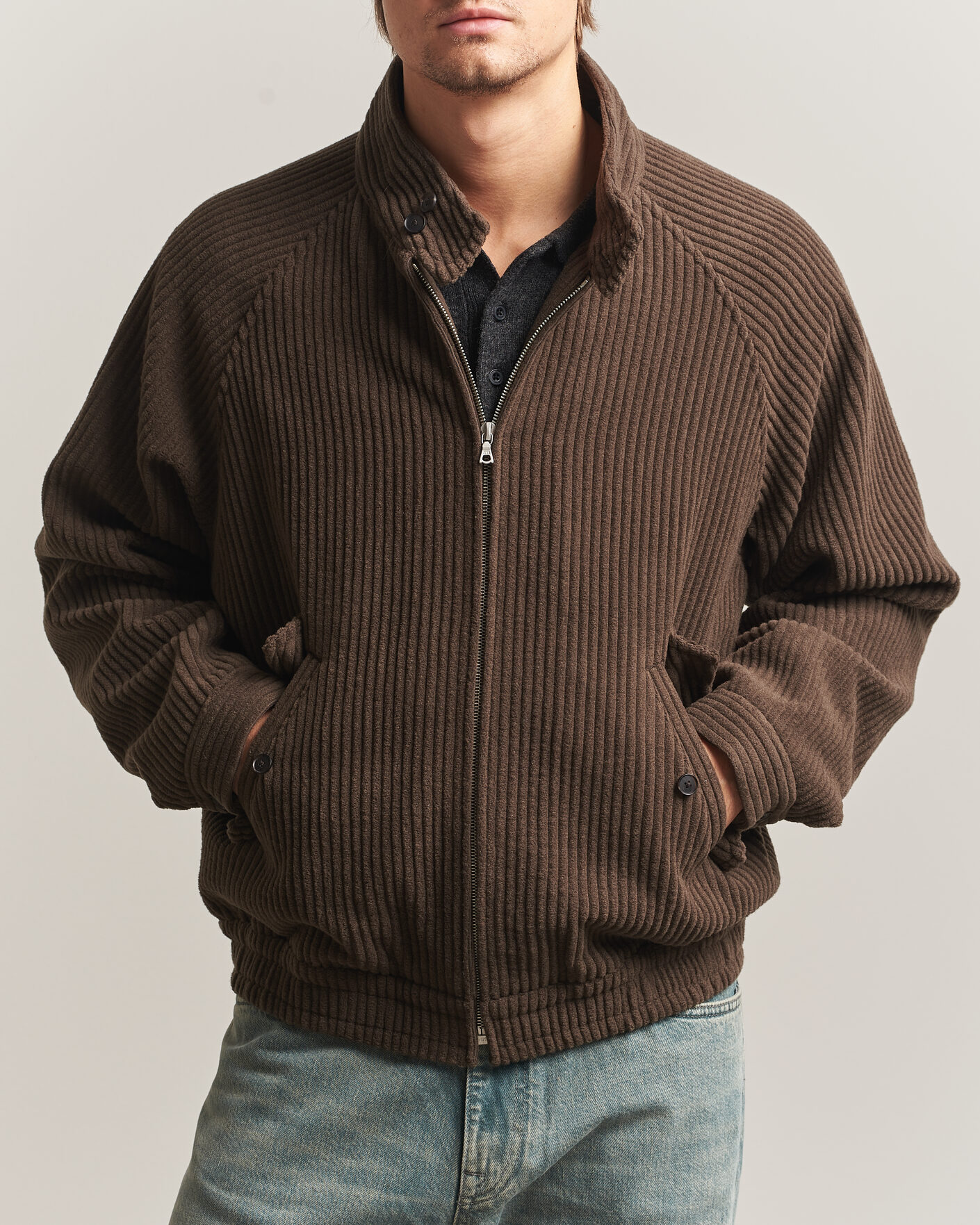 Men | Coats & Jackets | Auralee | Wool Cashmere Corduroy Zip Jacket Smoky Brown