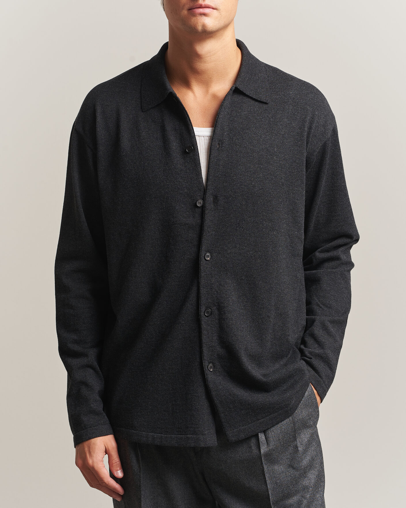 Auralee High Twist Wool Knit Shirt Cardigan Charcoal at CareOfCarl.com