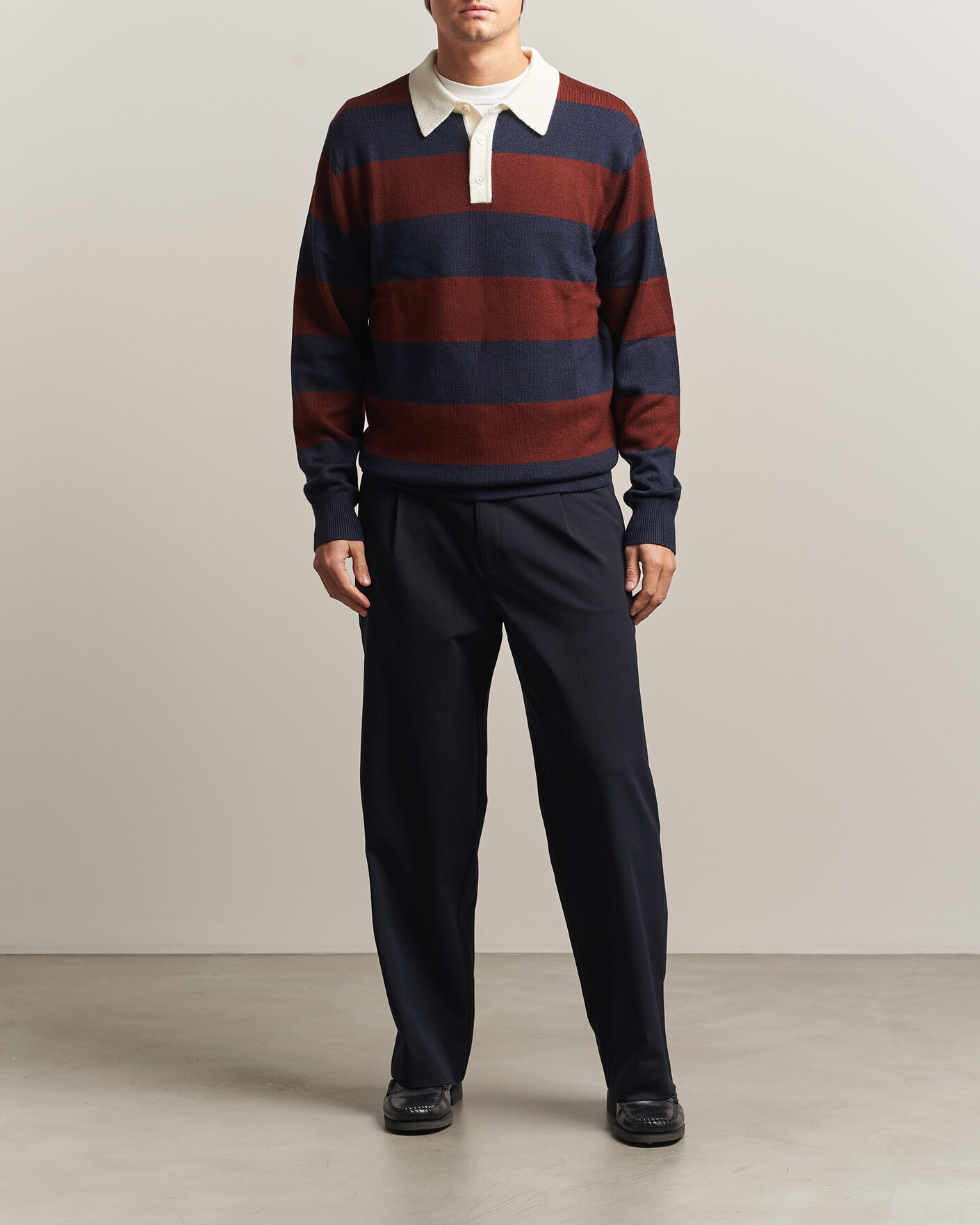 Men | Sweaters & Knitwear | A Day's March | Kenny Striped Merino Rugby Sweater Rust/Navy
