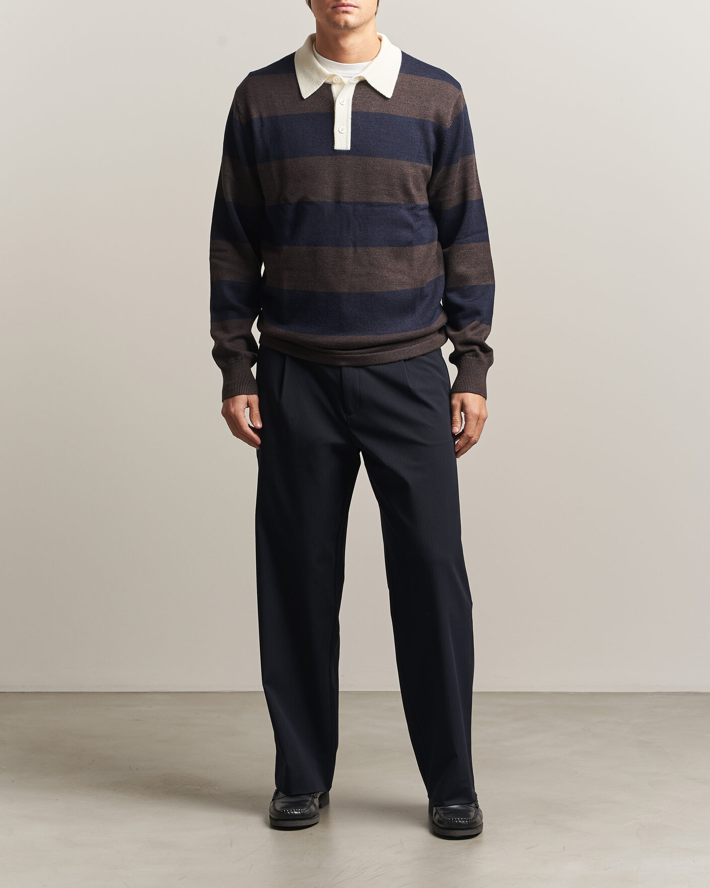 Men | Sweaters & Knitwear | A Day's March | Kenny Striped Merino Rugby Sweater Brown/Navy