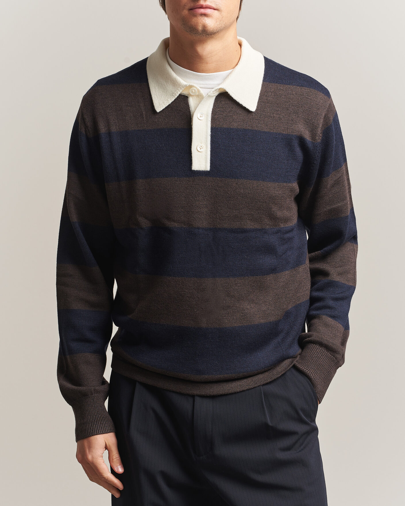 Men | Sweaters & Knitwear | A Day's March | Kenny Striped Merino Rugby Sweater Brown/Navy