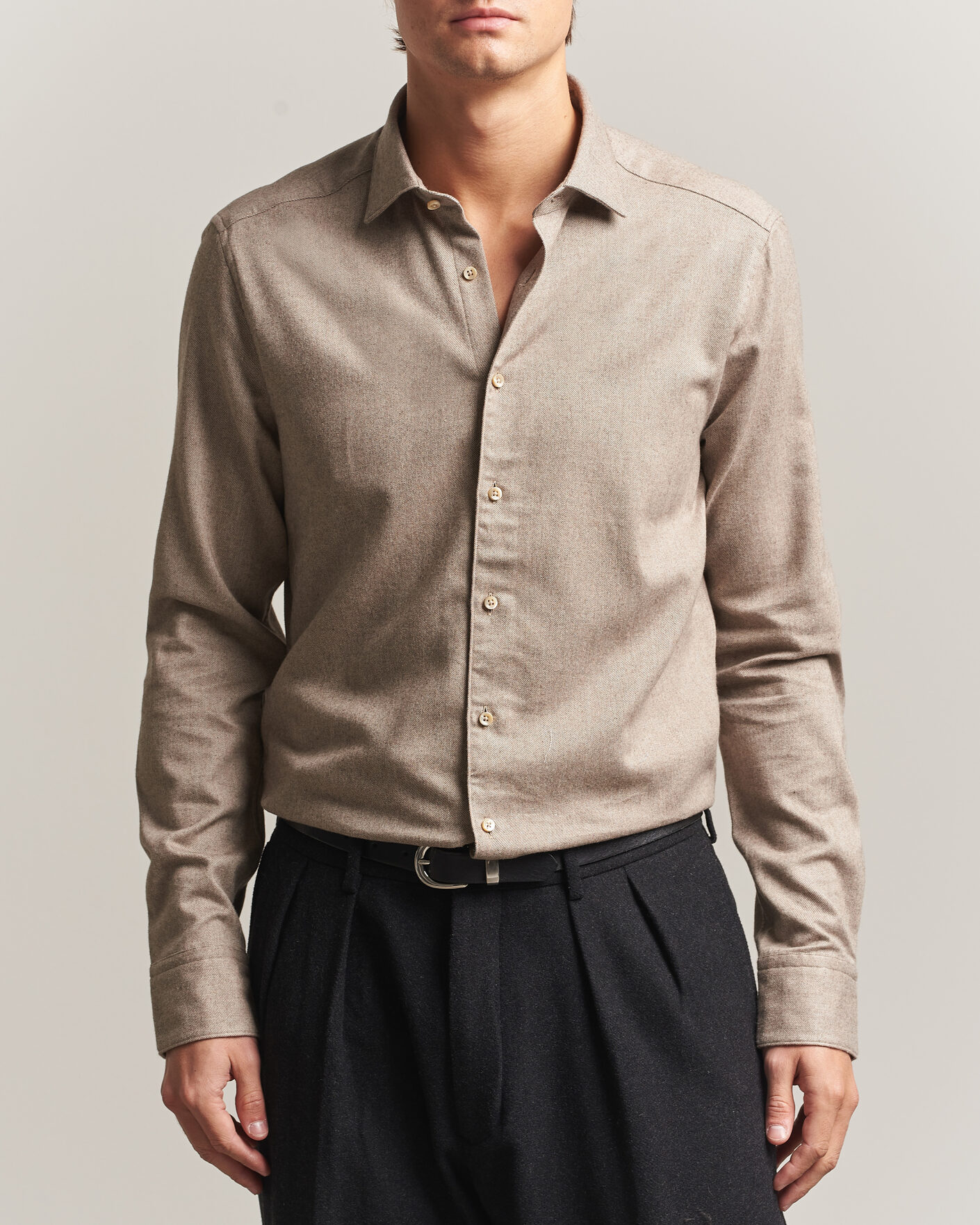 Men | Shirts | Stenströms | Slimline Flannel Shirt Light Brown