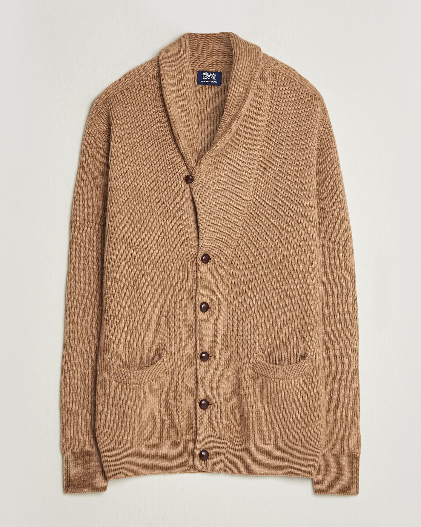 Men | Sweaters & Knitwear | William Lockie | Windsor Camelhair Shawl Cardigan Natural Brown