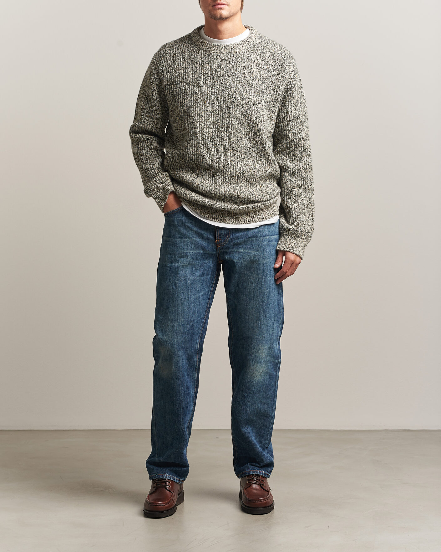 Men | Sweaters & Knitwear | Nudie Jeans | August Wool Rib Knitted Sweater Green Melange