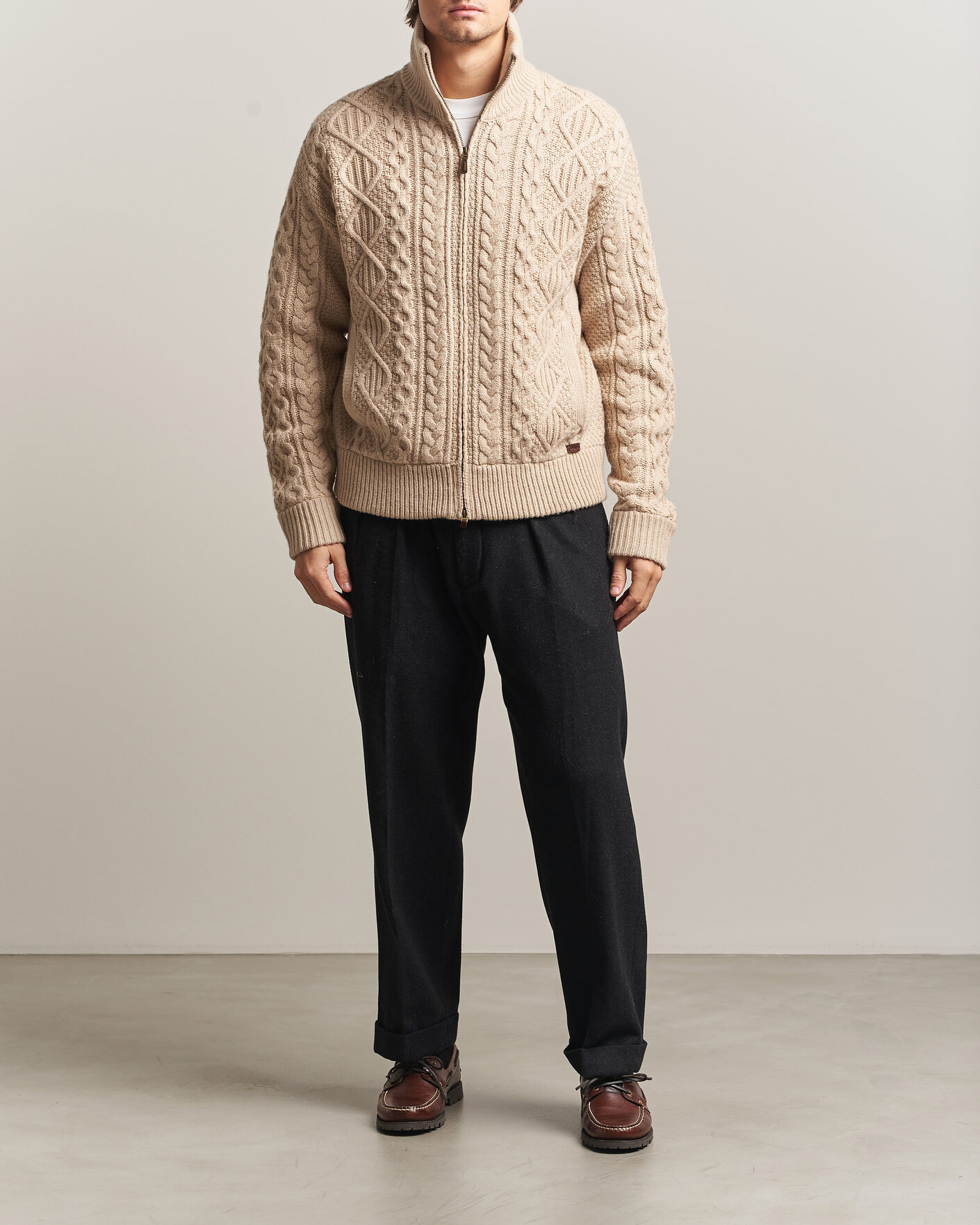 Men | Sweaters & Knitwear | Polo Ralph Lauren | Wool/Alpaca Aran Full-Zip Jicama Brown Heather