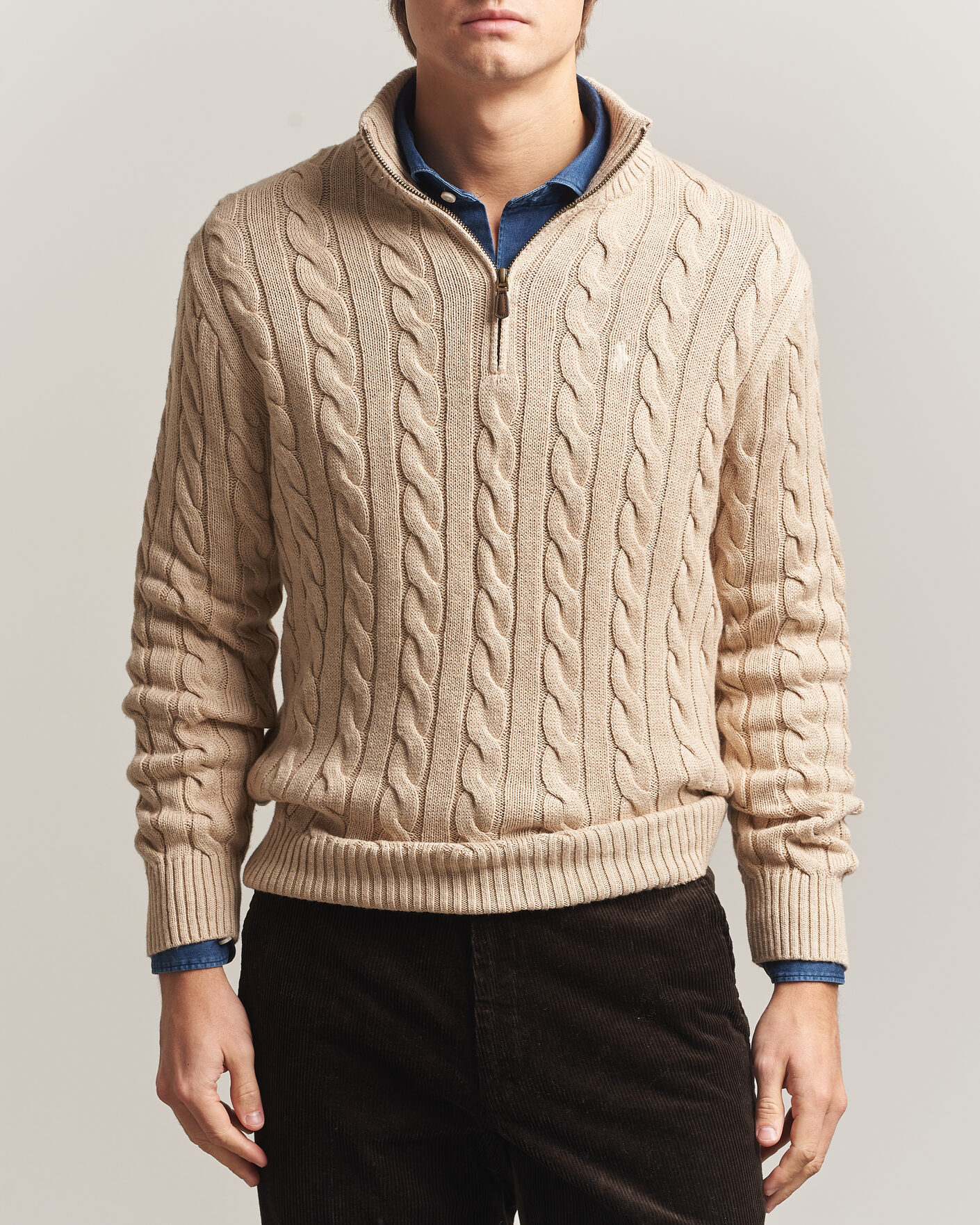 Men | Sweaters & Knitwear | Polo Ralph Lauren | Cotton Cable Half Zip Brown Heather