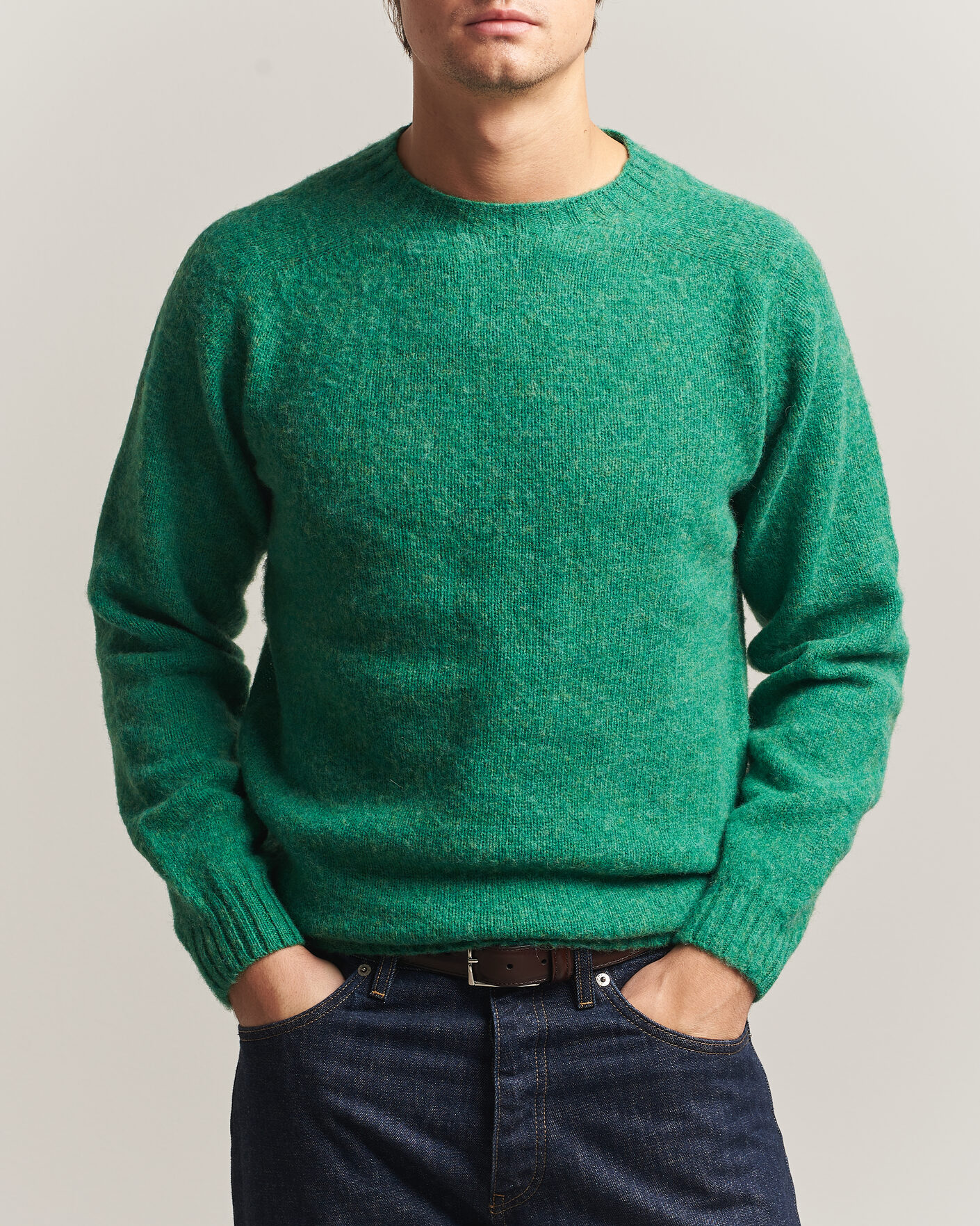 Men | Sweaters & Knitwear | Harley Of Scotland | Brushed Supersoft Lambswool Crewneck Evergreen