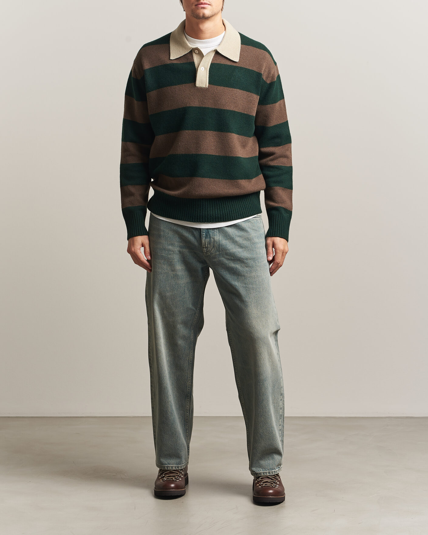 Men | Sweaters & Knitwear | Forét | Frost Stripe Knit Polo Deep Green